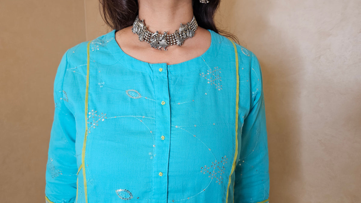Turquoise Cotton Suit Set with Kota Doria Dupatta | 3-Piece Ethnic Set