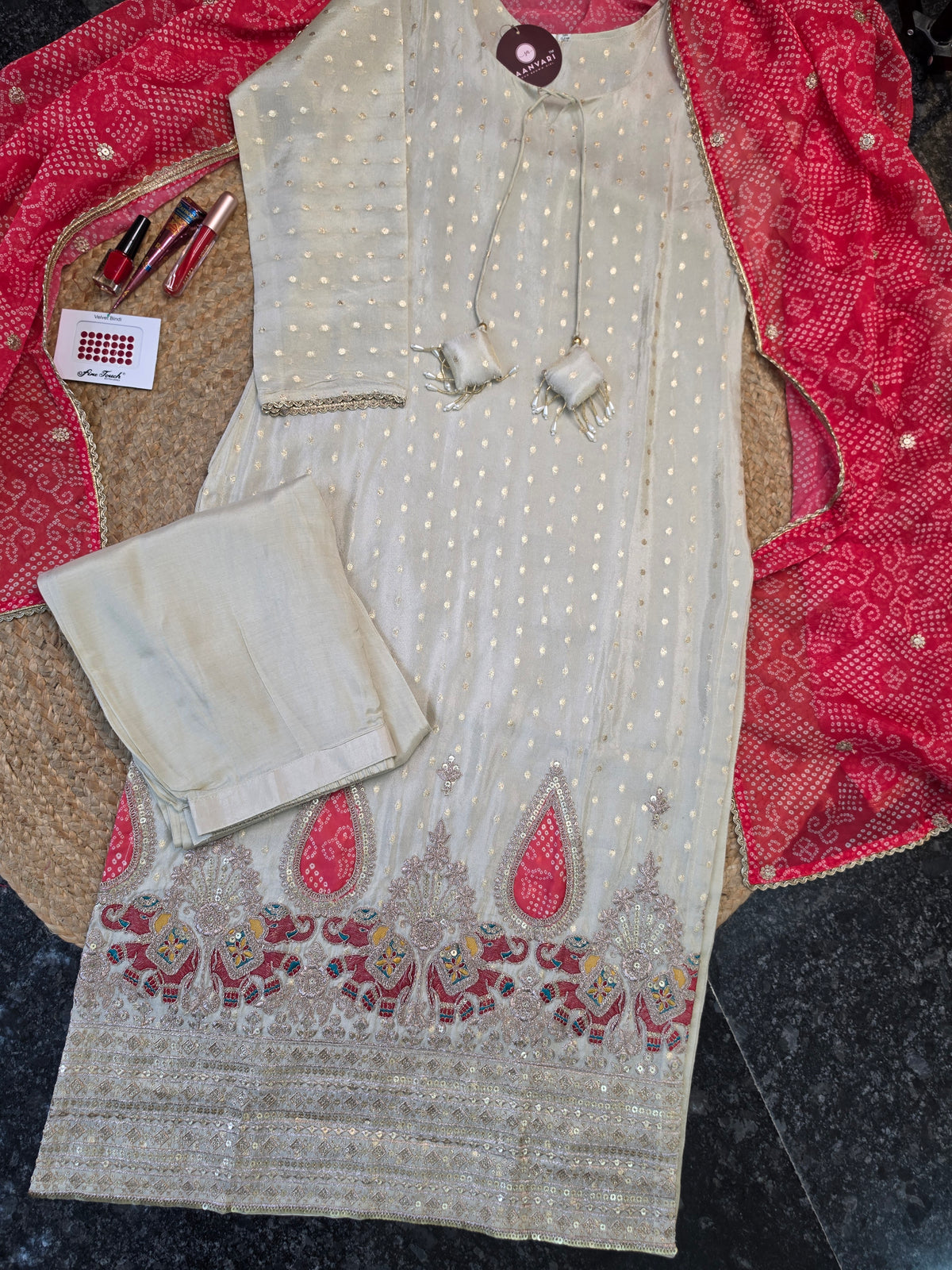 Silk Cotton Ivory Kurta Pant Set with Red Bandhej Print Dupatta