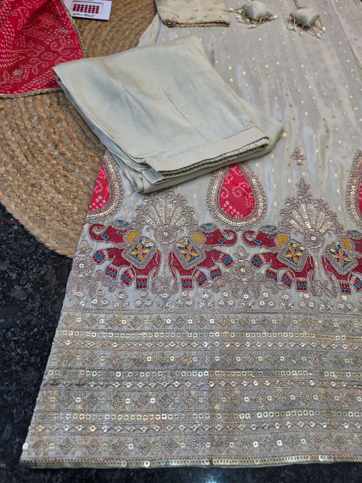 Silk Cotton Ivory Kurta Pant Set with Red Bandhej Print Dupatta