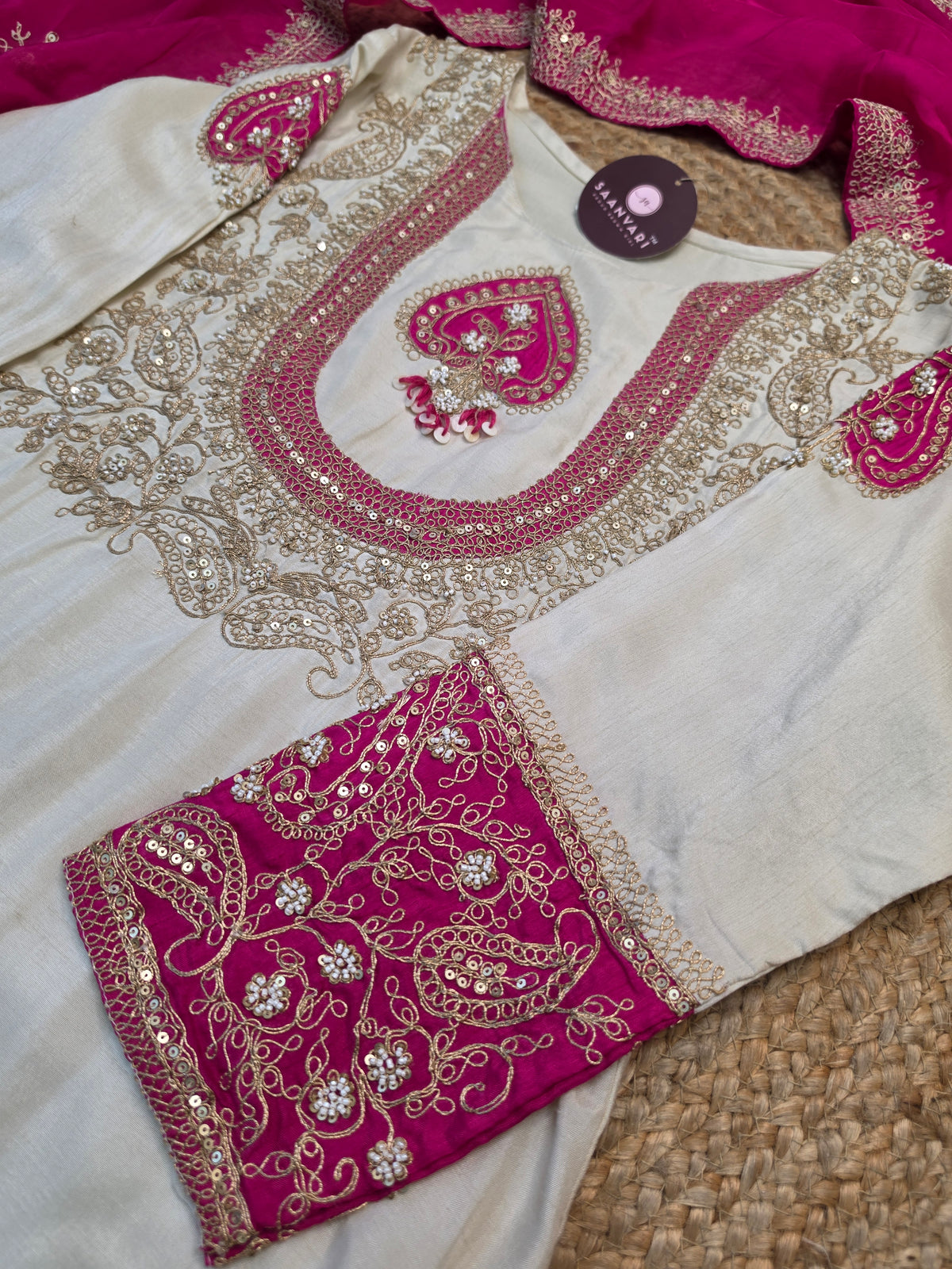 Ivory Silk Cotton Suit Set with Rani Pink Embroidered Dupatta