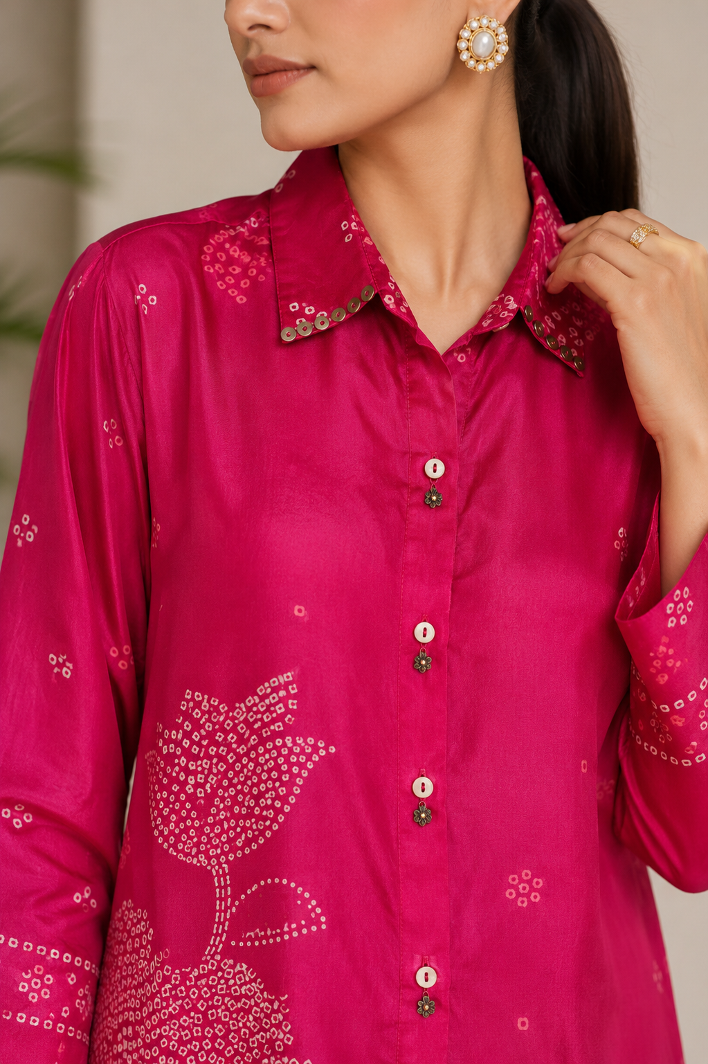 Pink Bandhani Print Crepe Shirt for Women