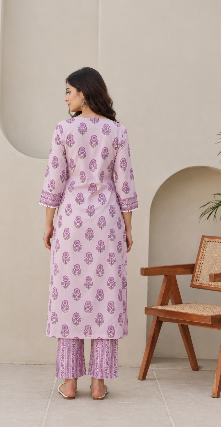 Lavender Bloom Cotton Kurta Pant Set with Lace & Sequin Detailing