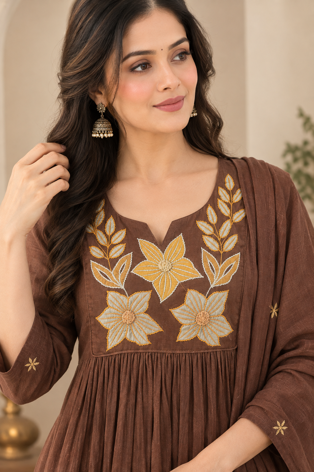 Embroidered Cotton 3-Piece Suit Set with Dupatta β Brown & Lime Green