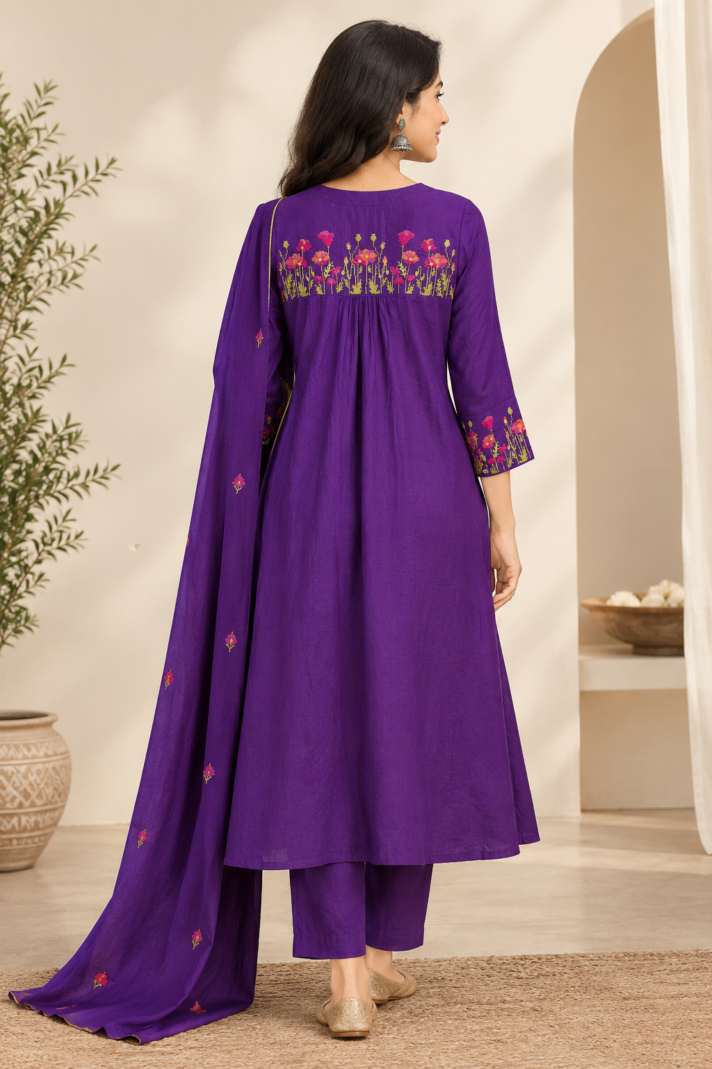 Purple Cotton A-Line Kurta Pant Dupatta Suit Set with Cross-Stitch Work
