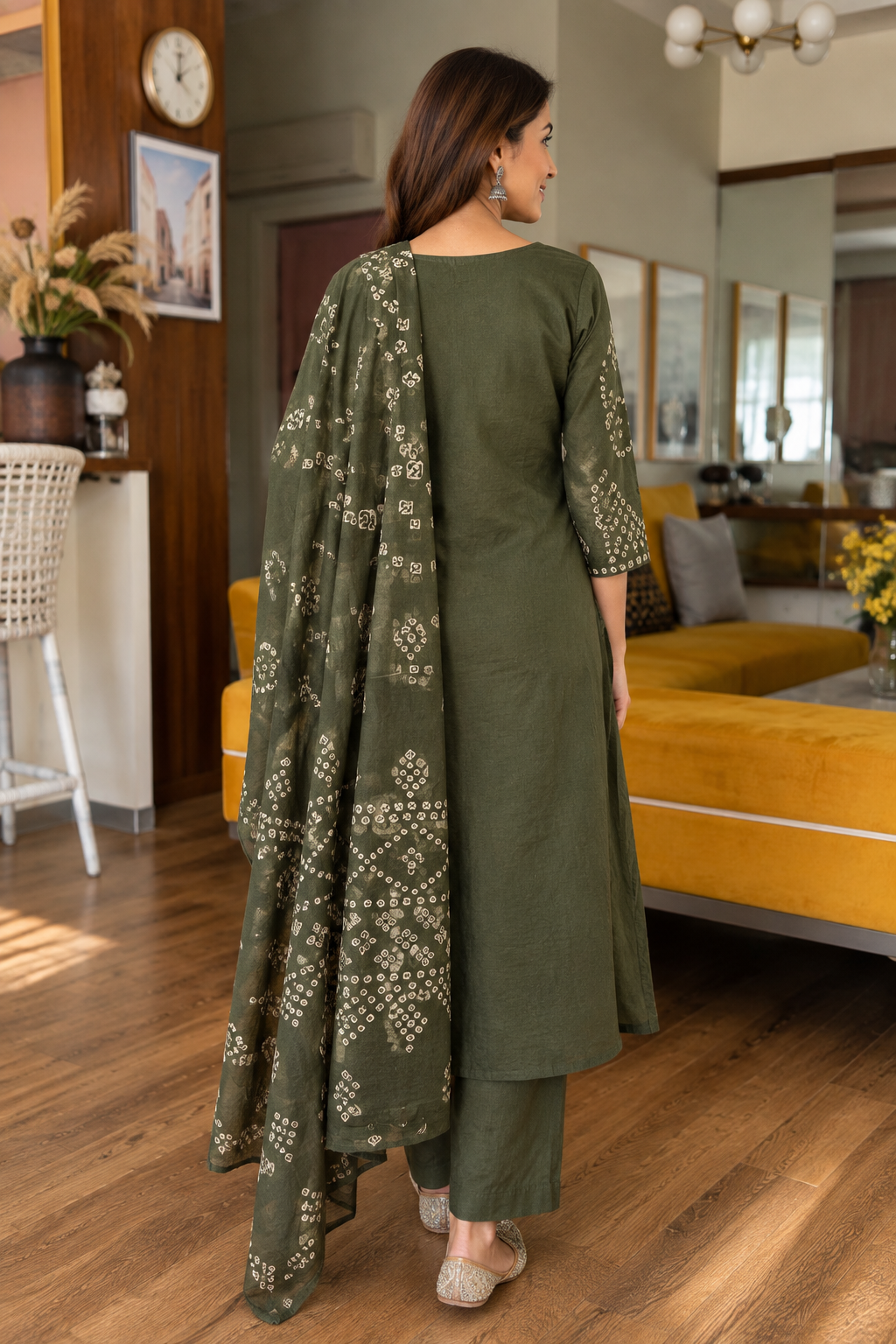 Mehandi Green Bandhani Print Cotton Dupatta Suit Set