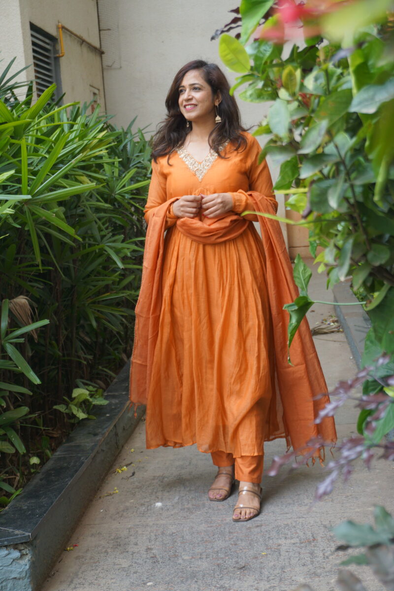 Orange Anarkali Dupatta Suit with Full Churidar Sleeves