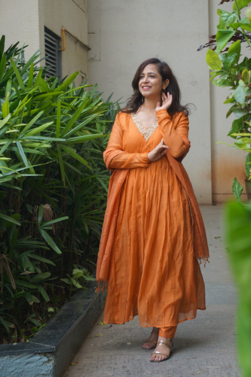 Orange Anarkali Dupatta Suit with Full Sleeves