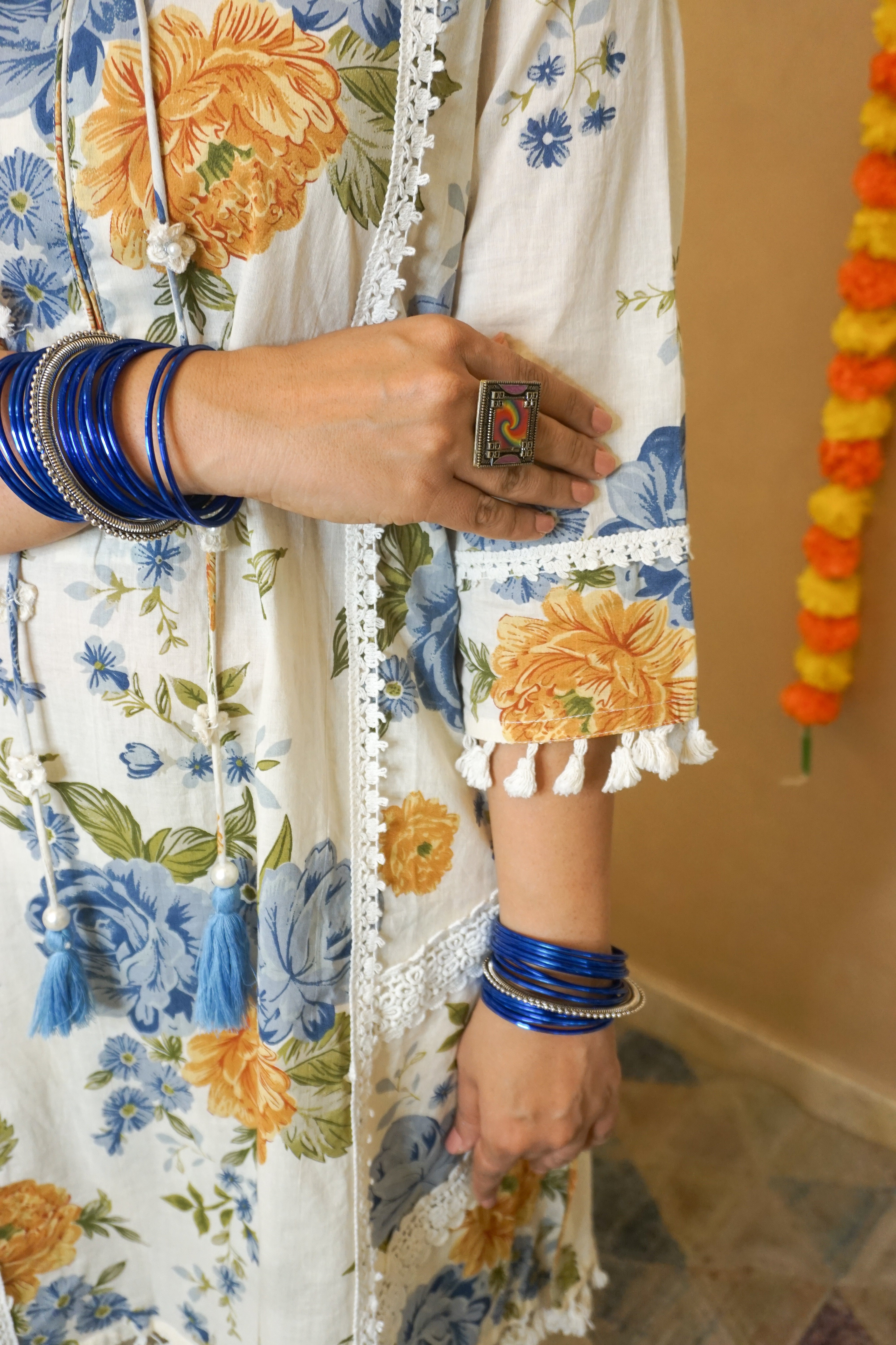 Floral Cotton Kurta & Farshi Salwar Set with Lace Detailing