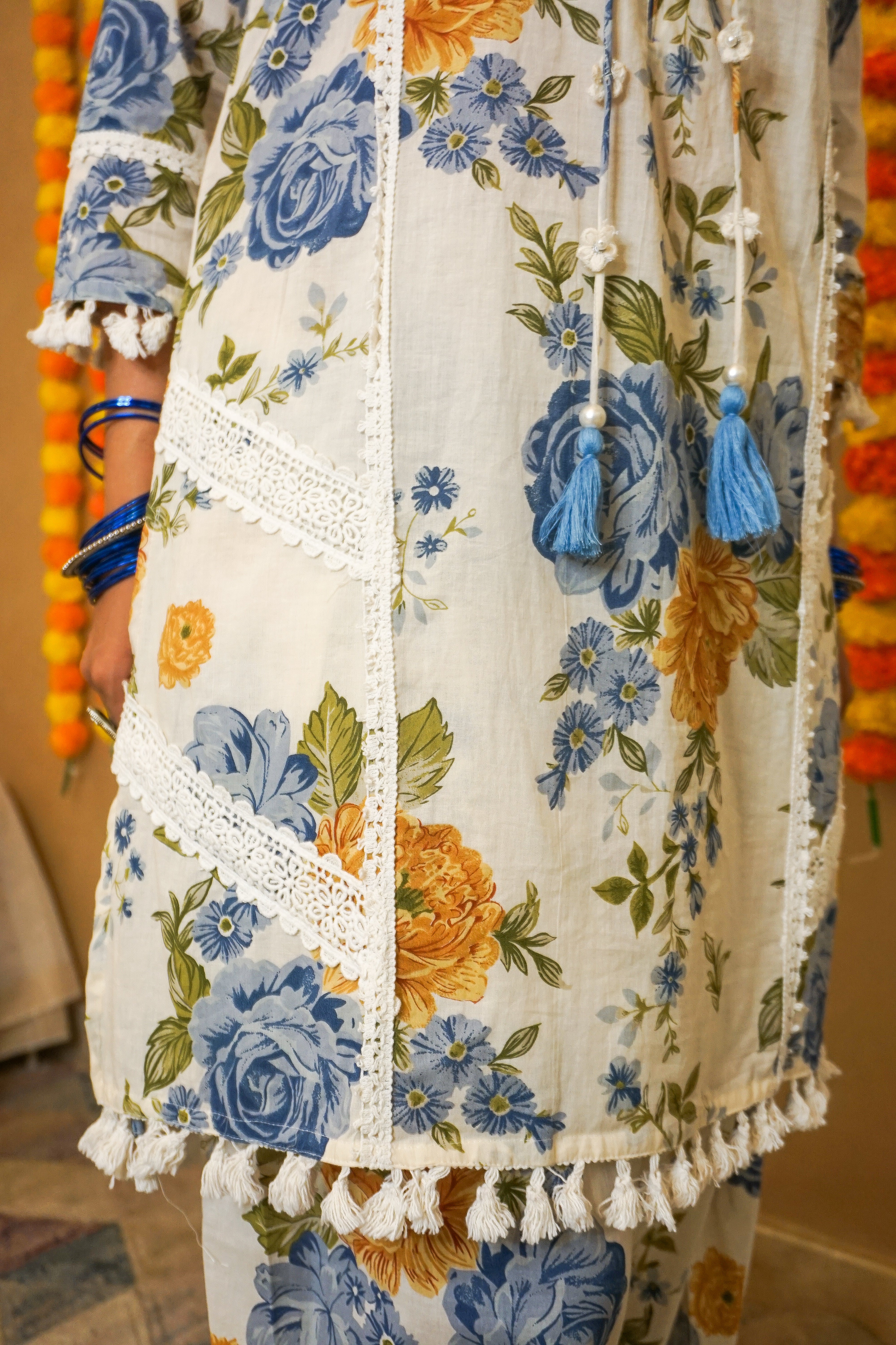 Floral Cotton Kurta & Farshi Salwar Set with Lace Detailing