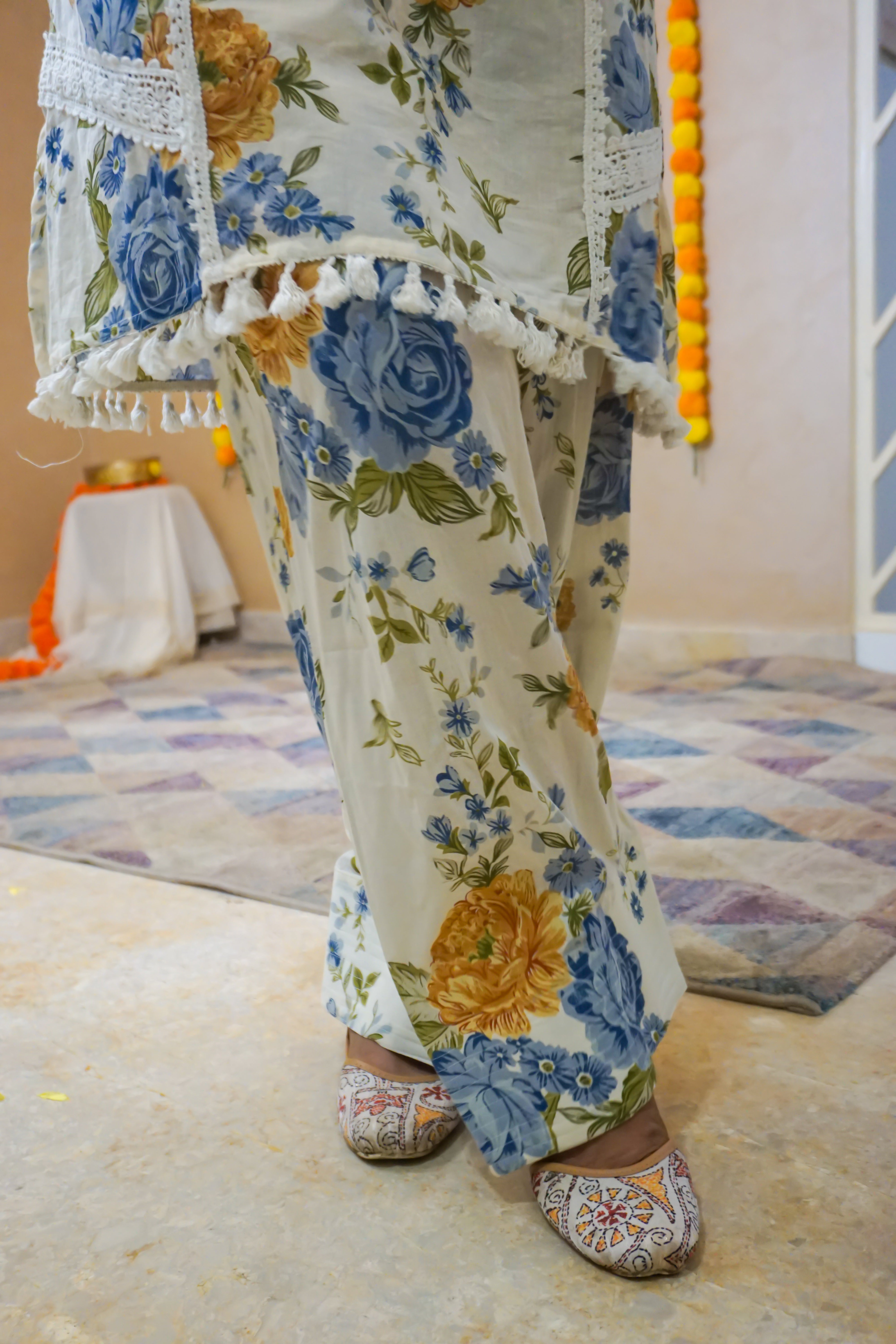 Floral Cotton Kurta & Farshi Salwar Set with Lace Detailing