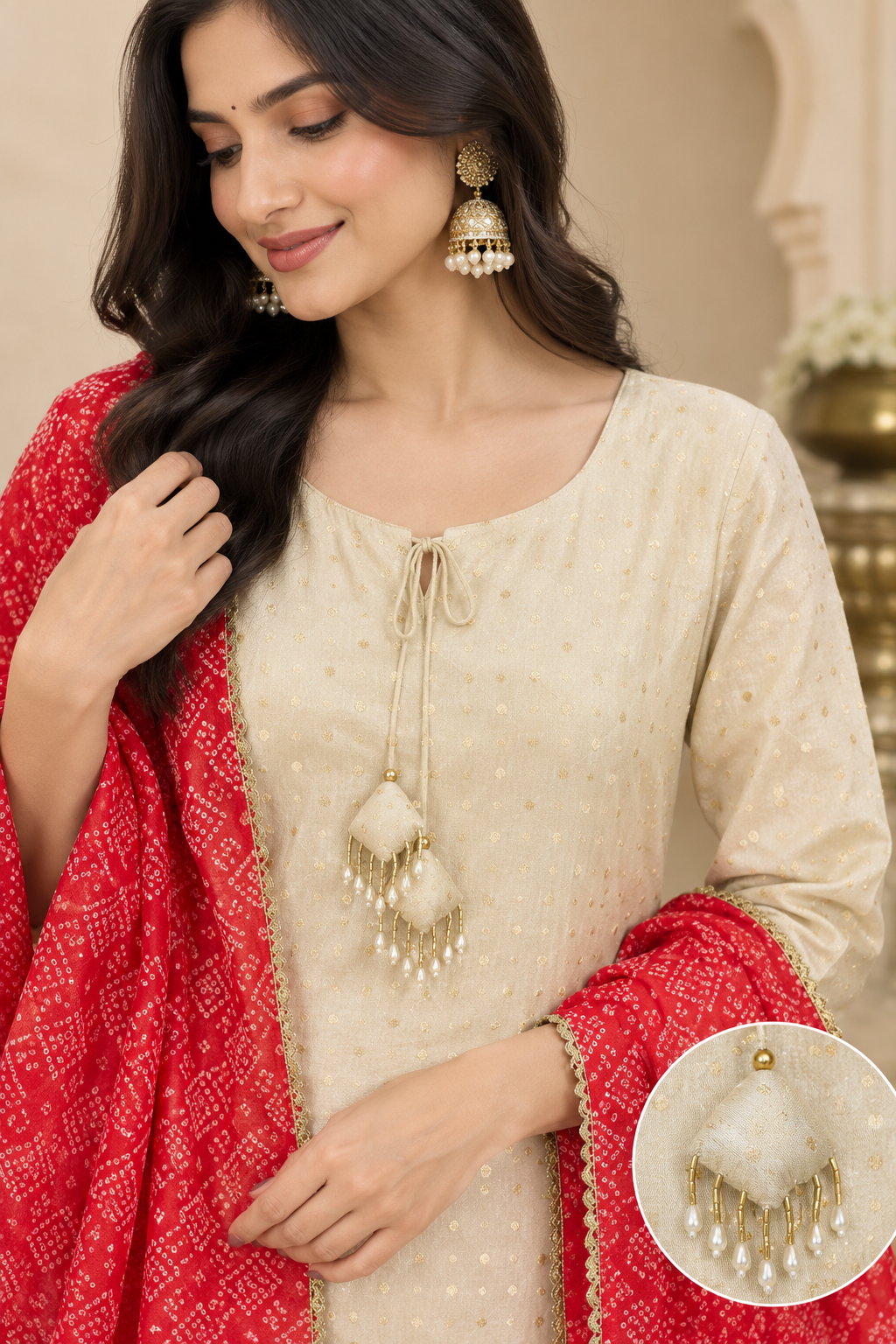 Silk Cotton Ivory Kurta Pant Set with Red Bandhej Print Dupatta
