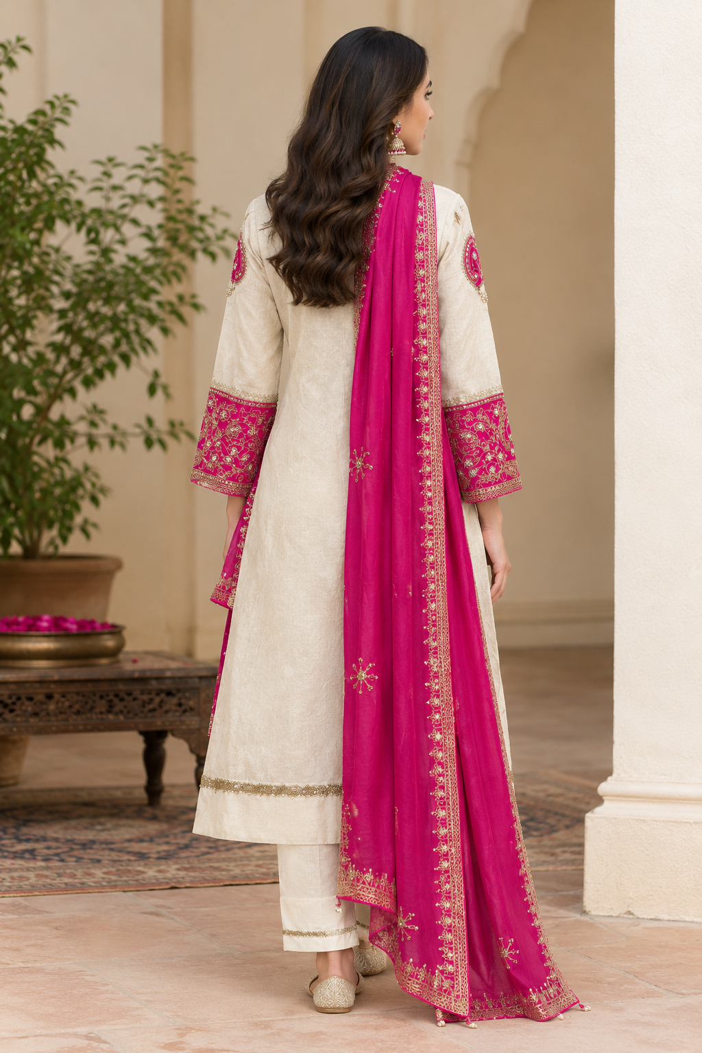 Ivory Silk Cotton Suit Set with Rani Pink Embroidered Dupatta