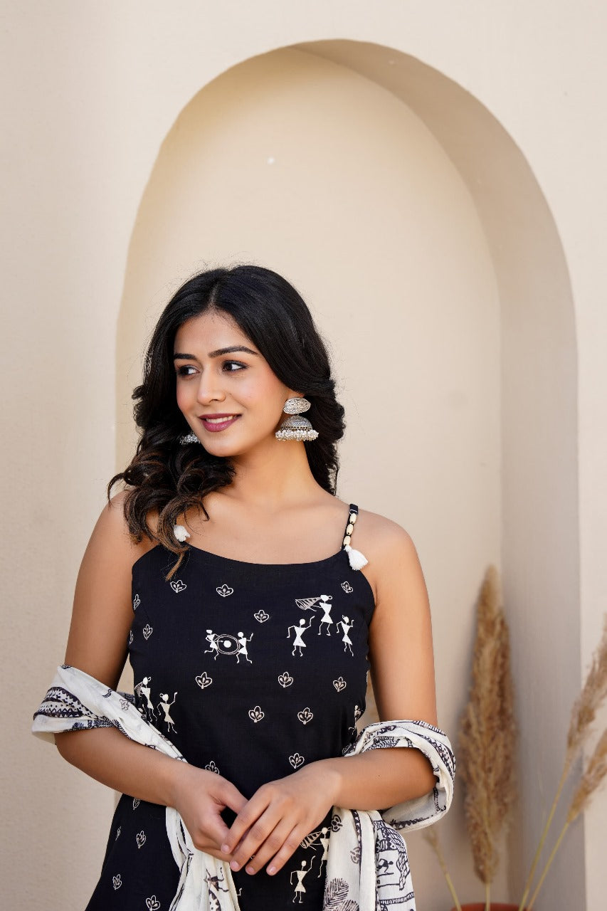 Midnight Tribal Print Cotton Suit Set with Dupatta