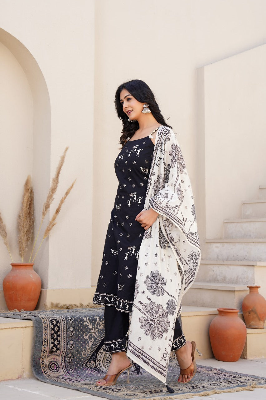 Midnight Tribal Print Cotton Suit Set with Dupatta