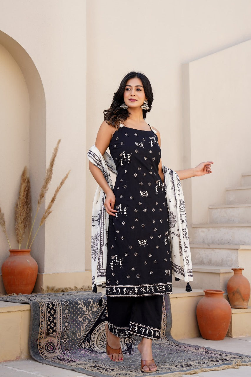 Midnight Tribal Print Cotton Suit Set with Dupatta