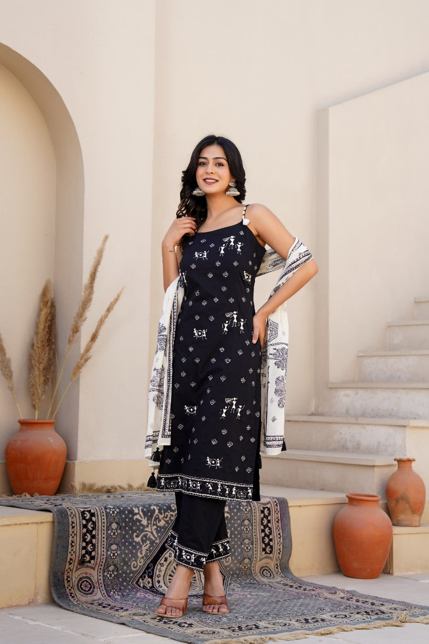 Midnight Tribal Print Cotton Suit Set with Dupatta