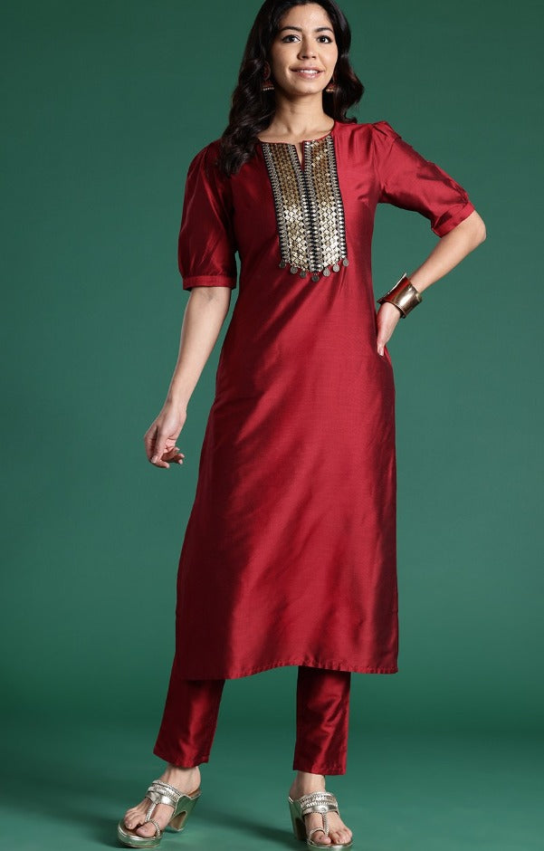 Silk Finish Coord Set with Mirror and Sequin Detailing – Available in Red & Purple