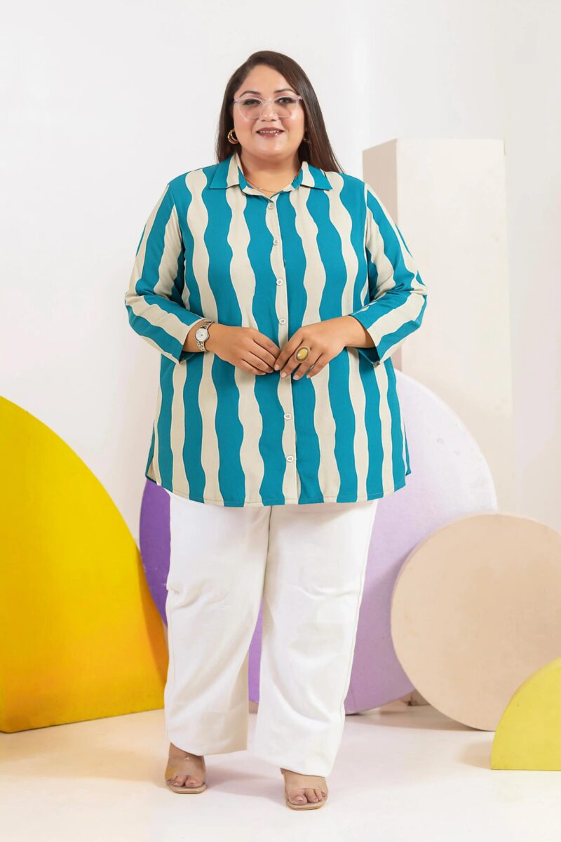 Plus Size : Pink/Blue & Ivory Wavy Stripe Cotton Shirt