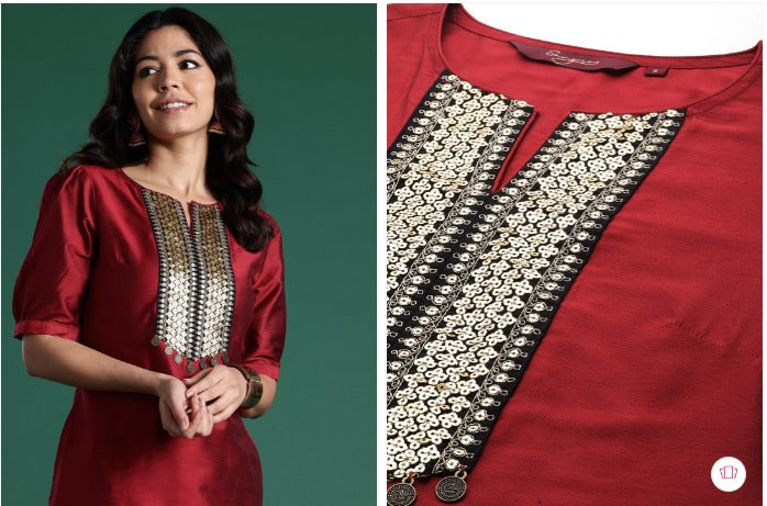 Silk Finish Coord Set with Mirror and Sequin Detailing – Available in Red & Purple