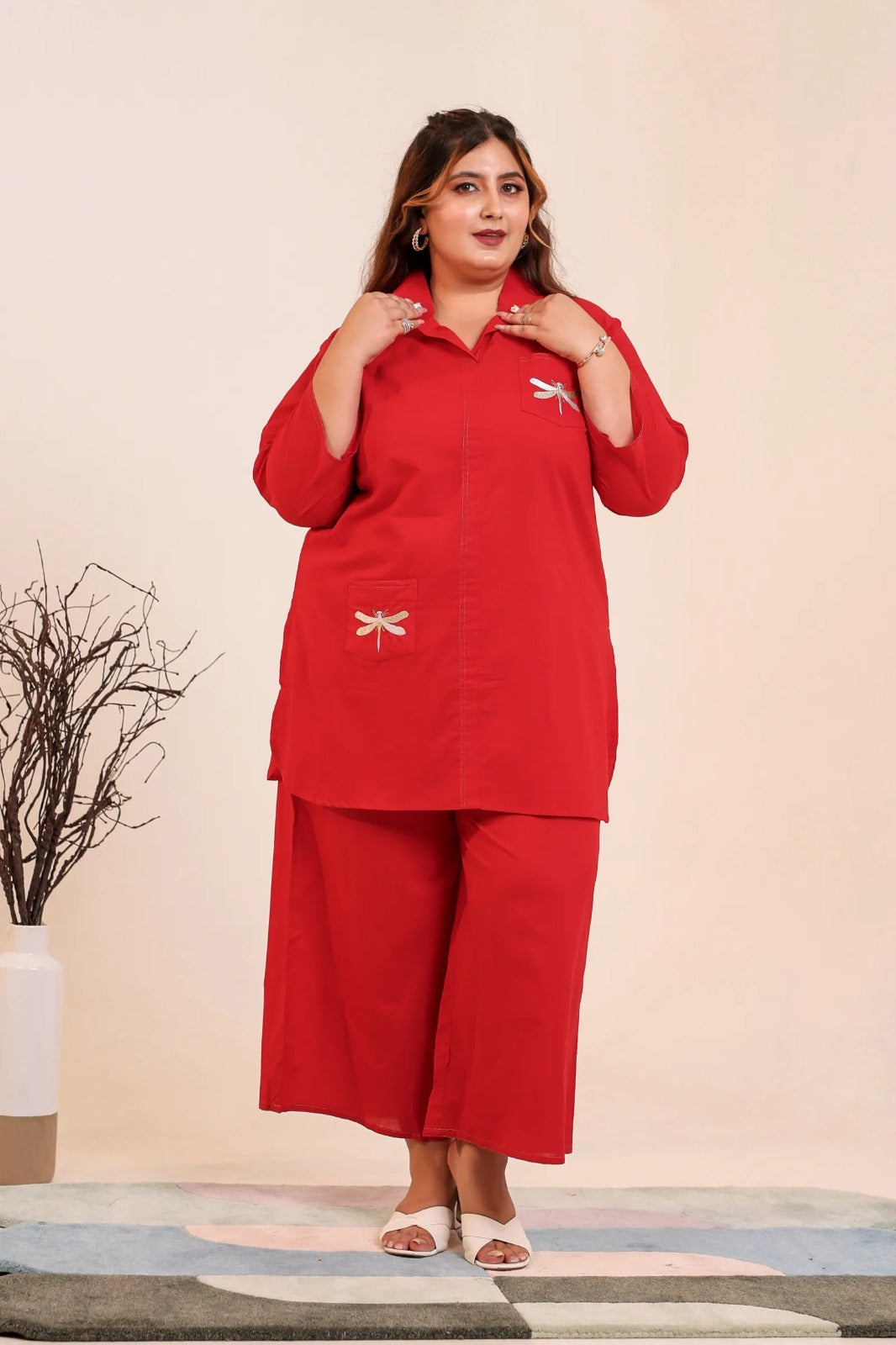 Plus Size Cotton Co-ord Set with Dragonfly Pocket Detail
