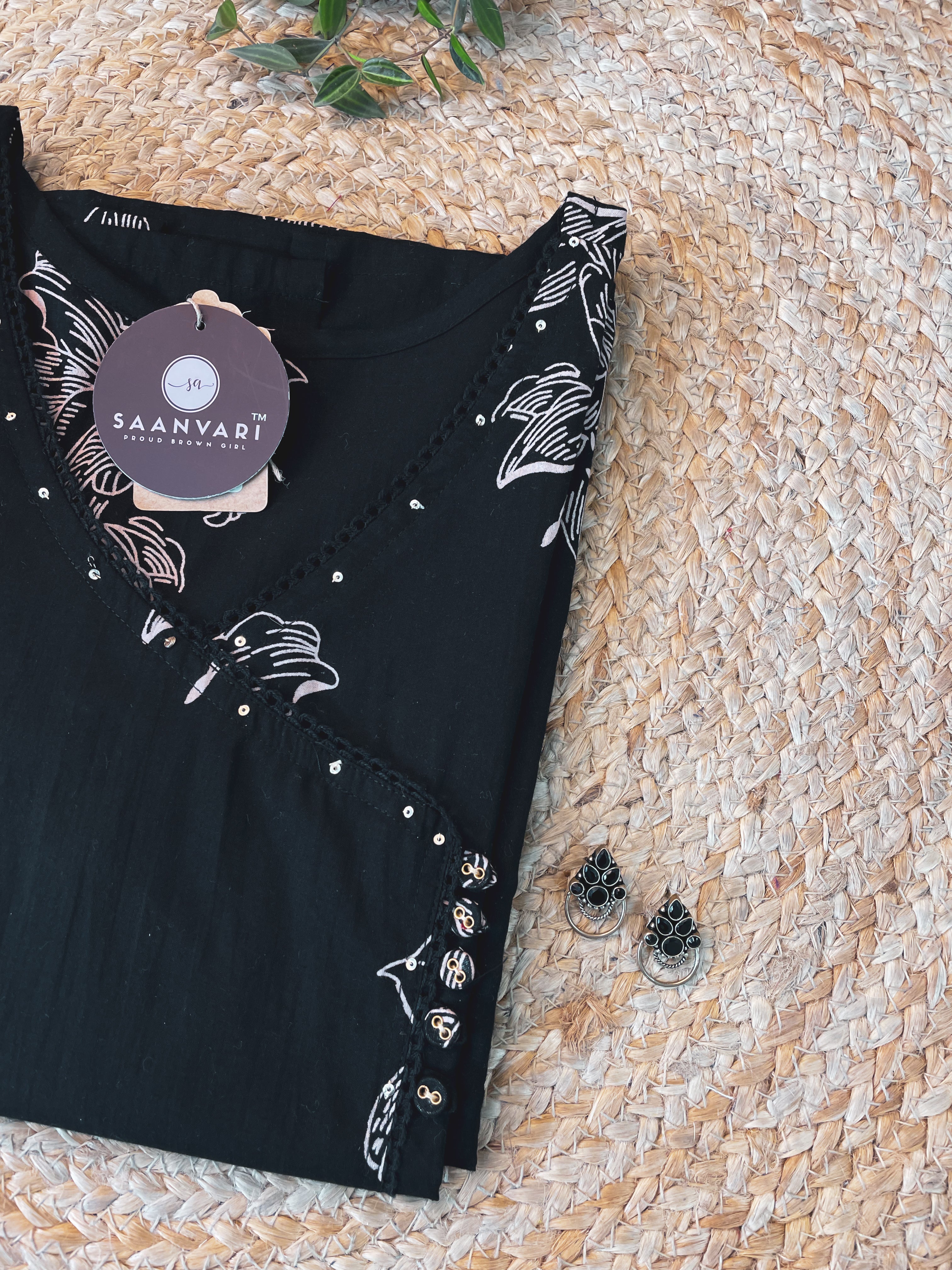 Black Floral Print Cotton Straight Kurta With Angrakha Neck