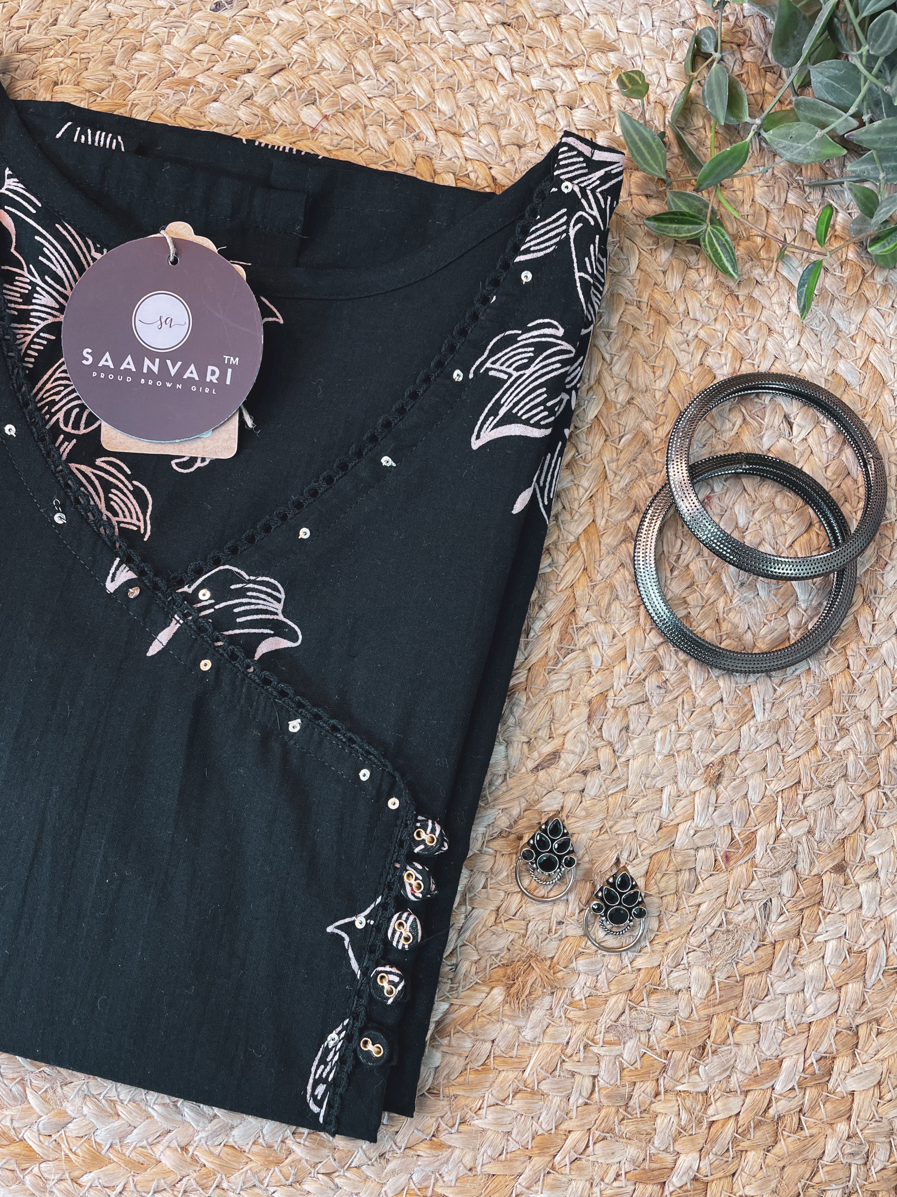 Black Floral Print Cotton Straight Kurta With Angrakha Neck