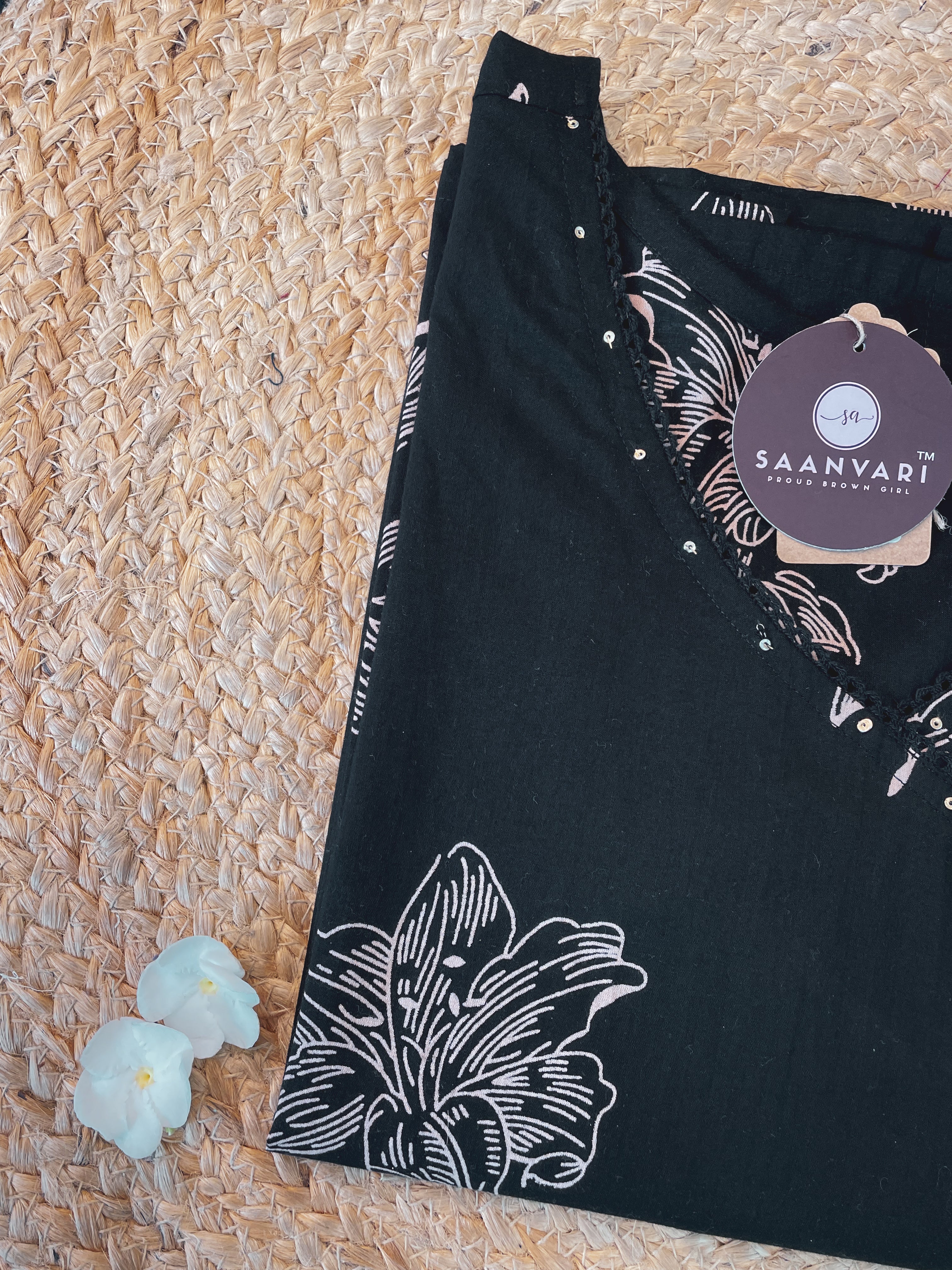 Black Floral Print Cotton Straight Kurta With Angrakha Neck