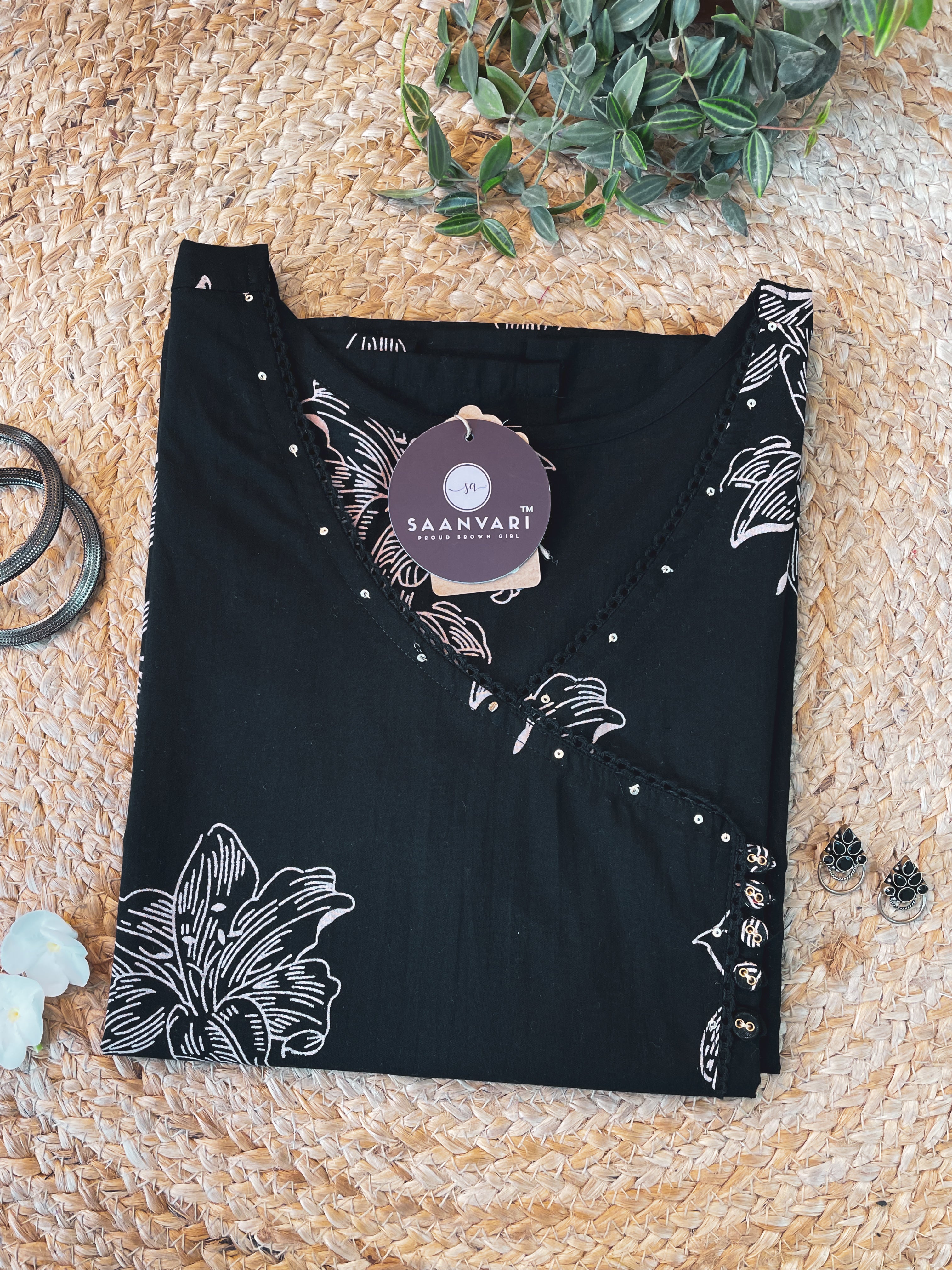 Black Floral Print Cotton Straight Kurta With Angrakha Neck
