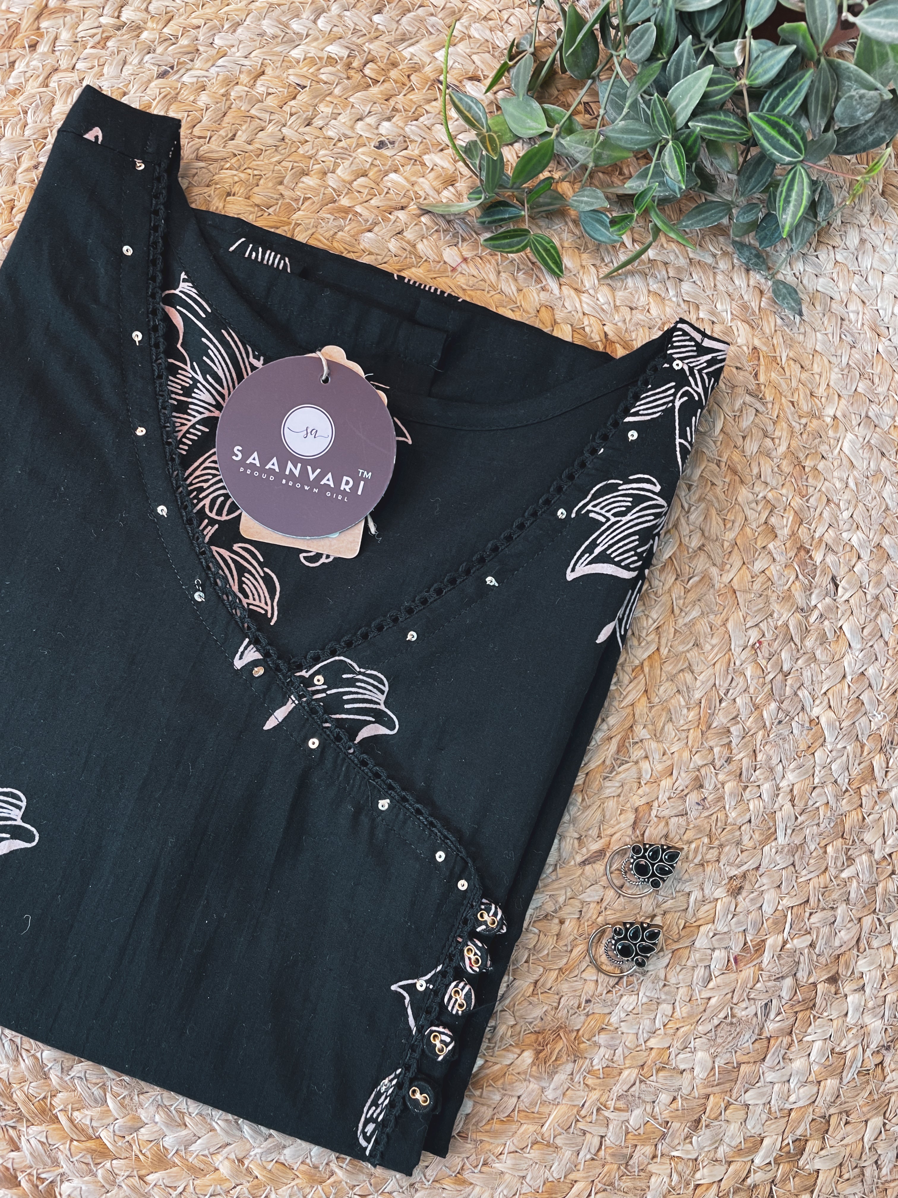 Black Floral Print Cotton Straight Kurta With Angrakha Neck
