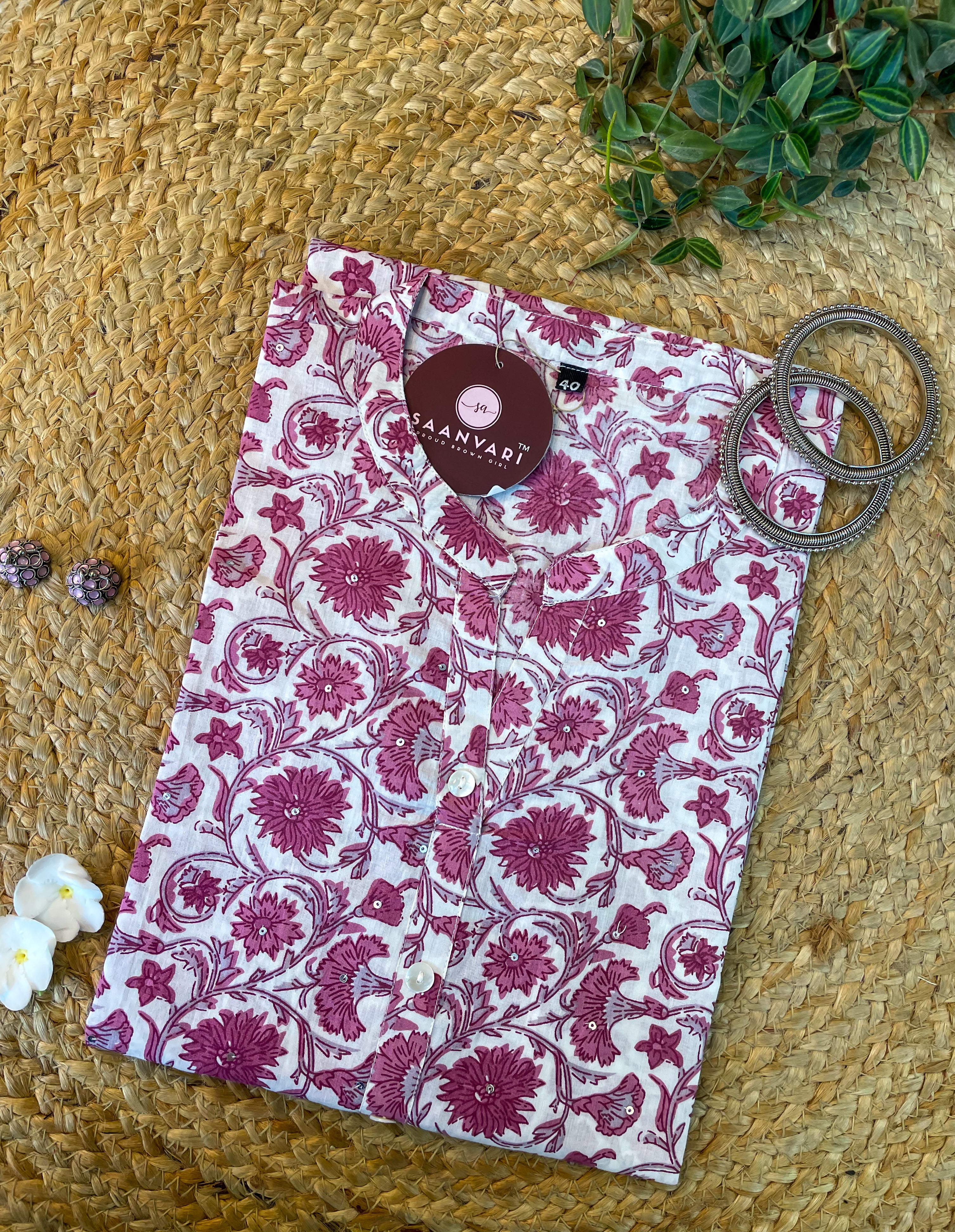 Cotton Floral Print Straight Fit Kurta – Rose Pink