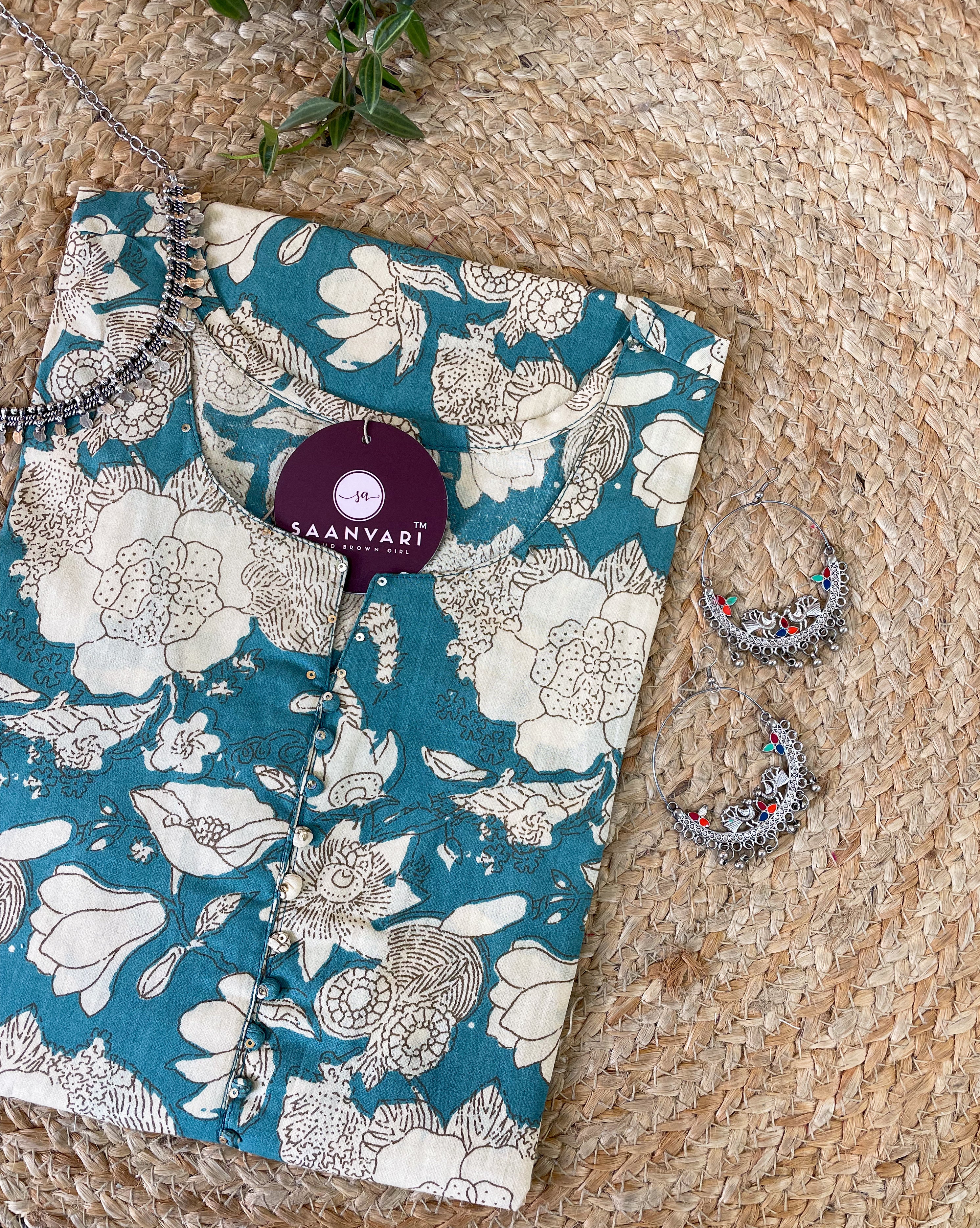 Turquoise Blue Floral Print Cotton Straight Kurta