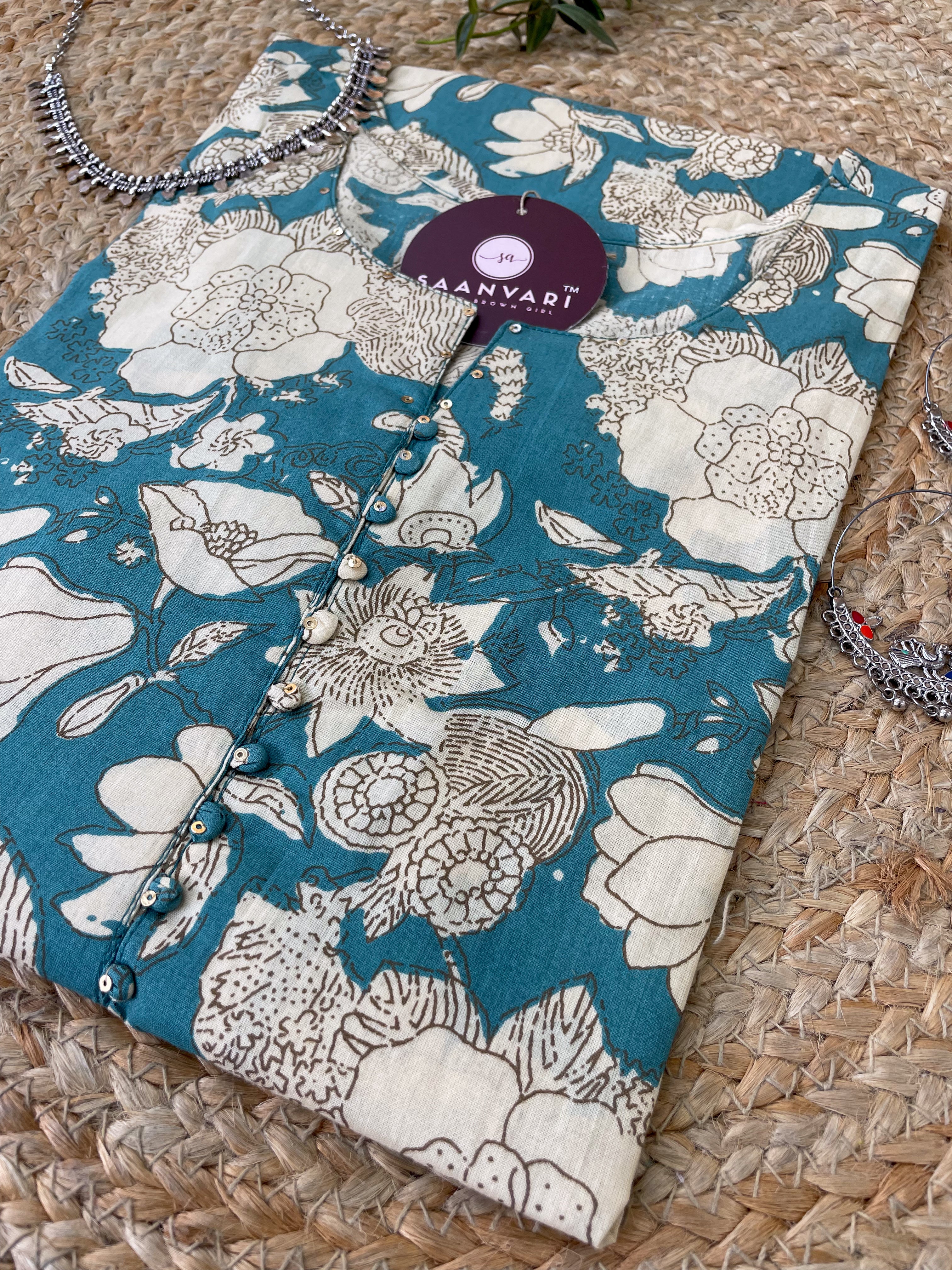 Turquoise Blue Floral Print Cotton Straight Kurta
