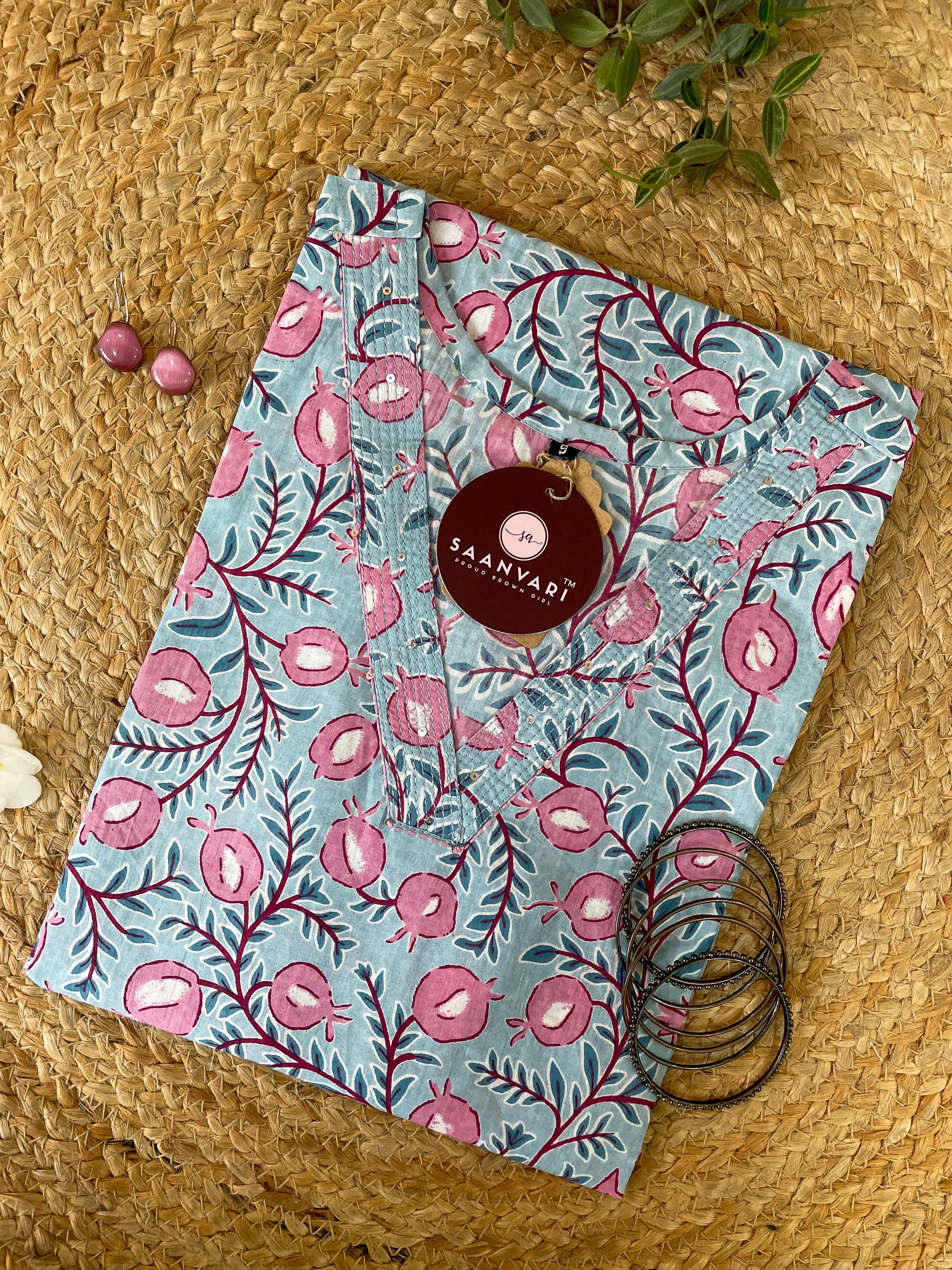 Sky Blue Floral Print Cotton Straight Kurta