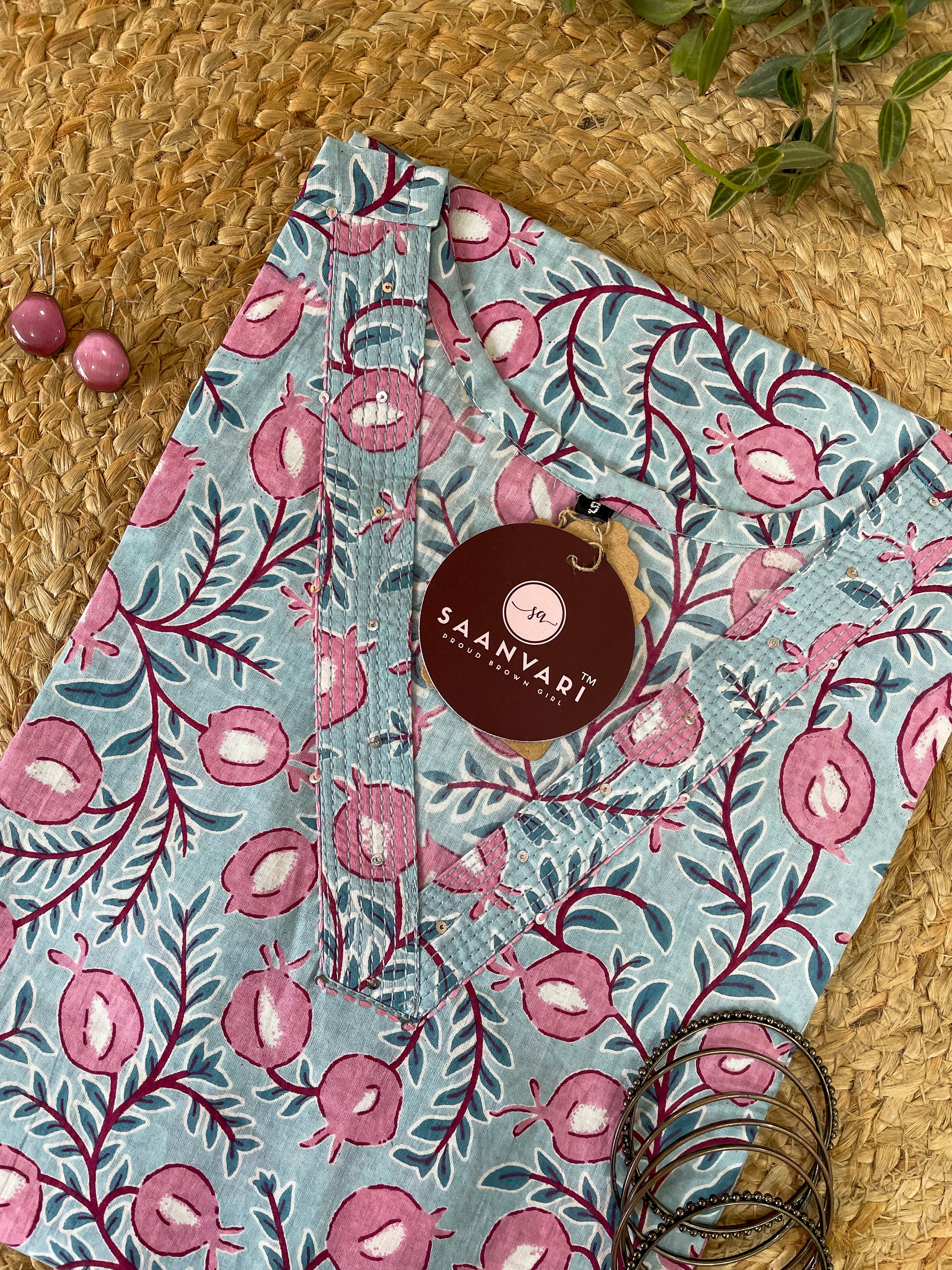 Sky Blue Floral Print Cotton Straight Kurta