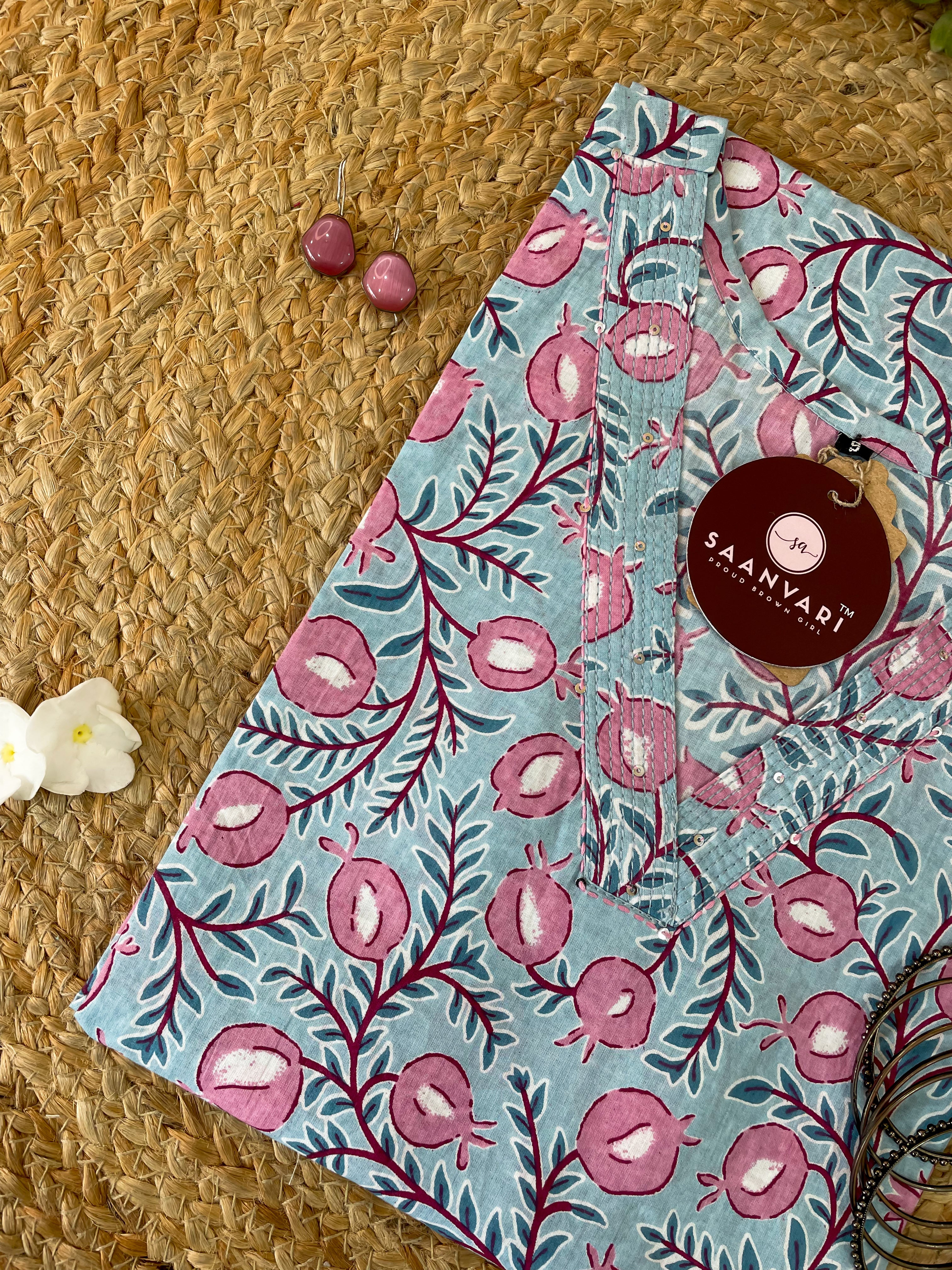 Sky Blue Floral Print Cotton Straight Kurta