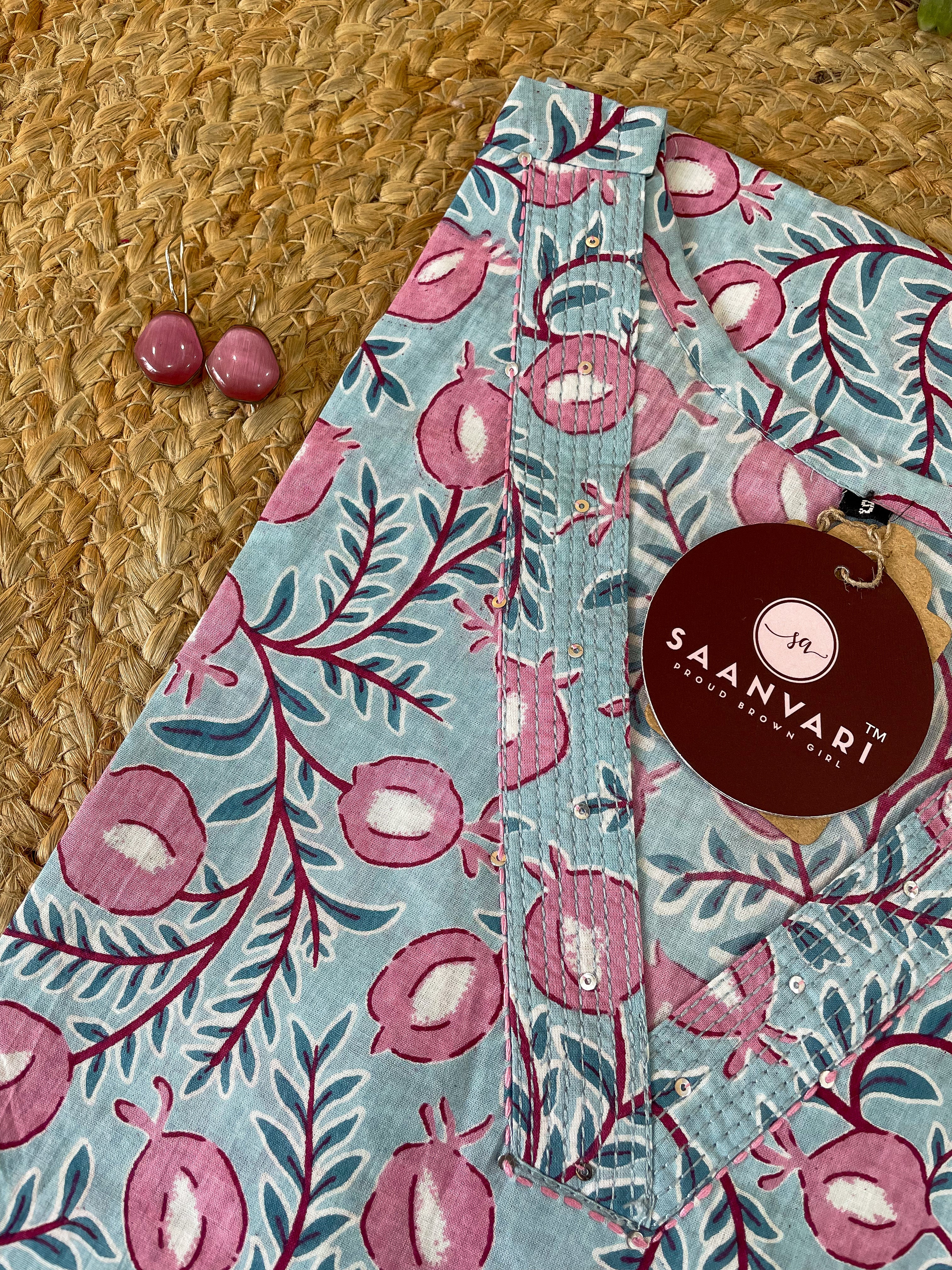 Sky Blue Floral Print Cotton Straight Kurta