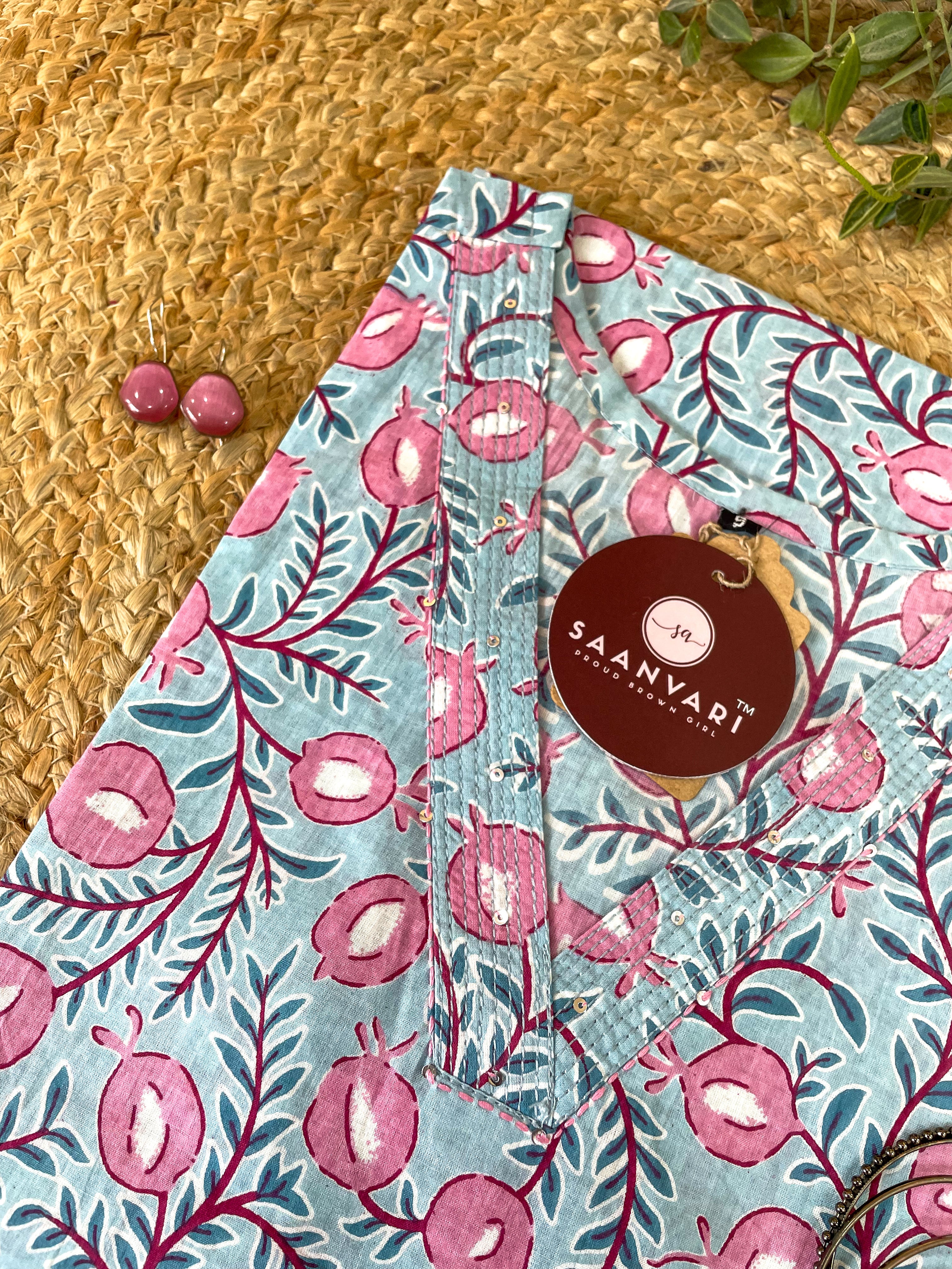 Sky Blue Floral Print Cotton Straight Kurta