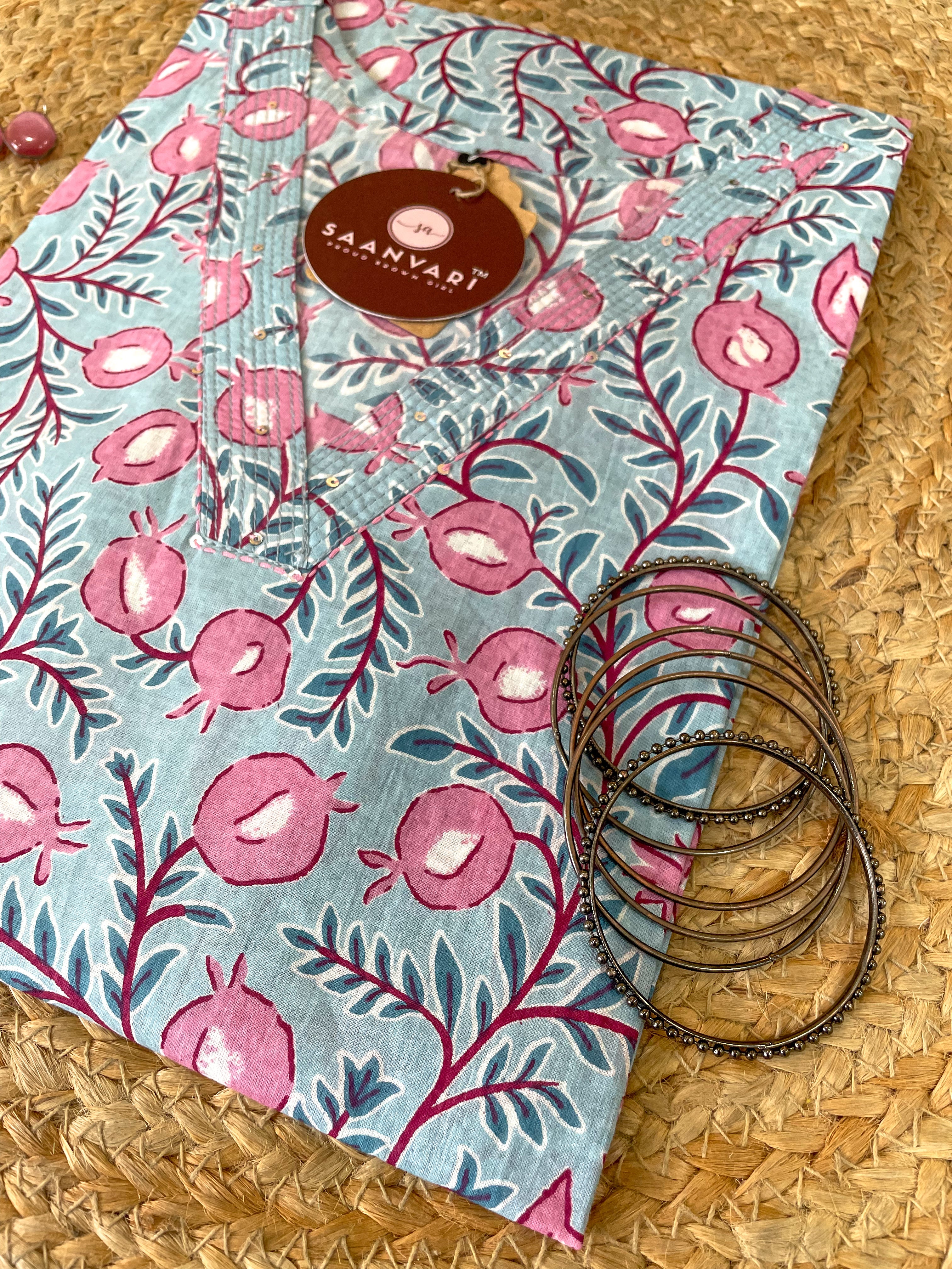 Sky Blue Floral Print Cotton Straight Kurta