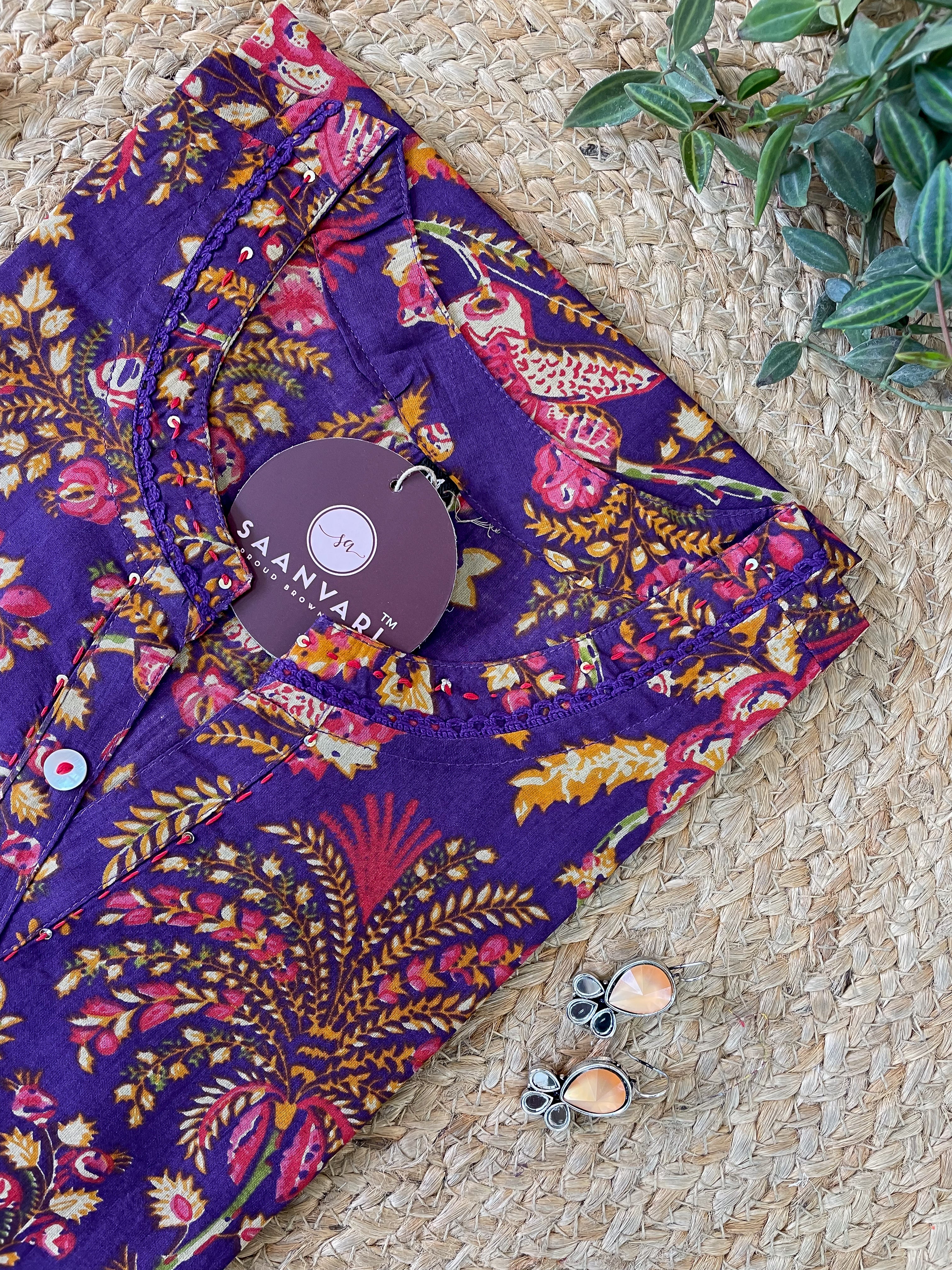 Purple Floral Print Cotton Straight Kurta - Jaipur Collection