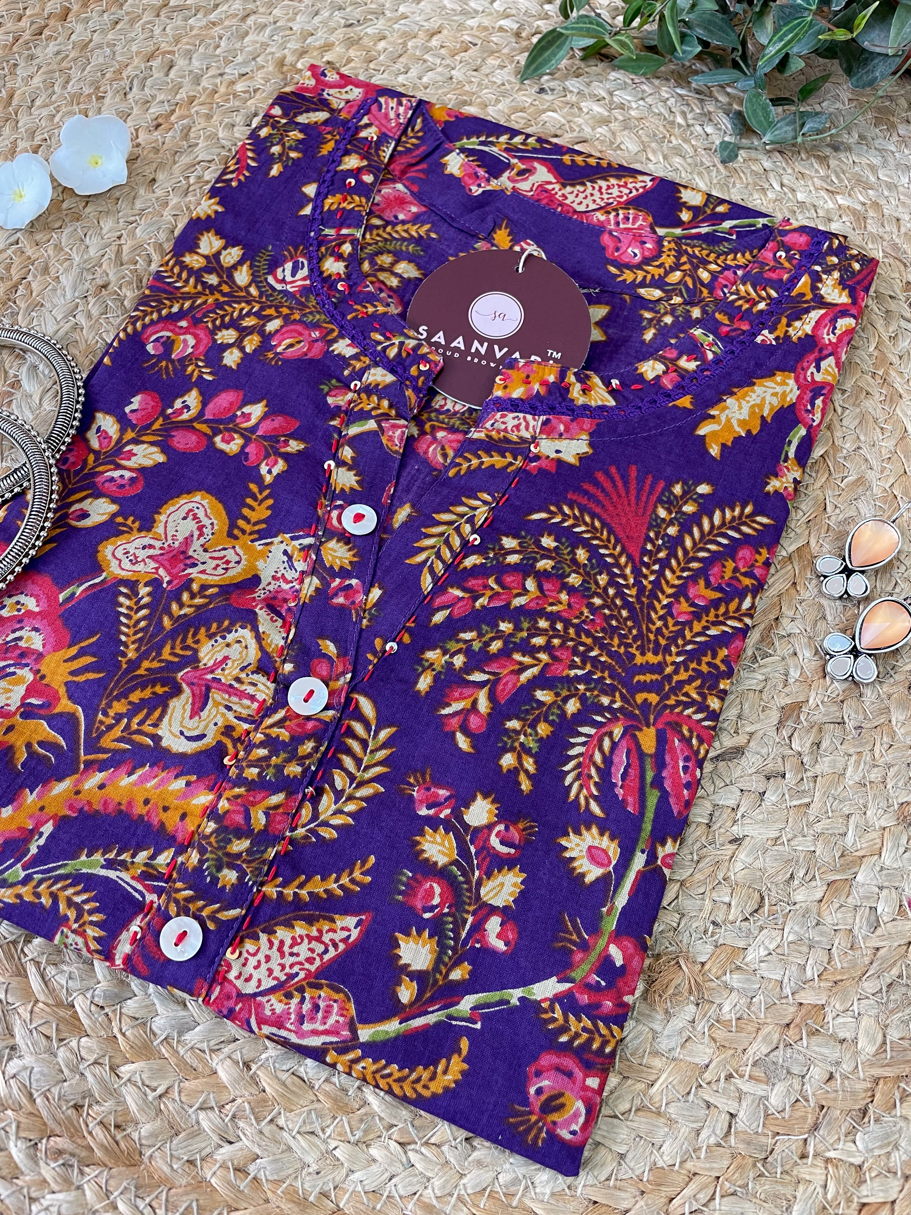 Purple Floral Print Cotton Straight Kurta - Jaipur Collection
