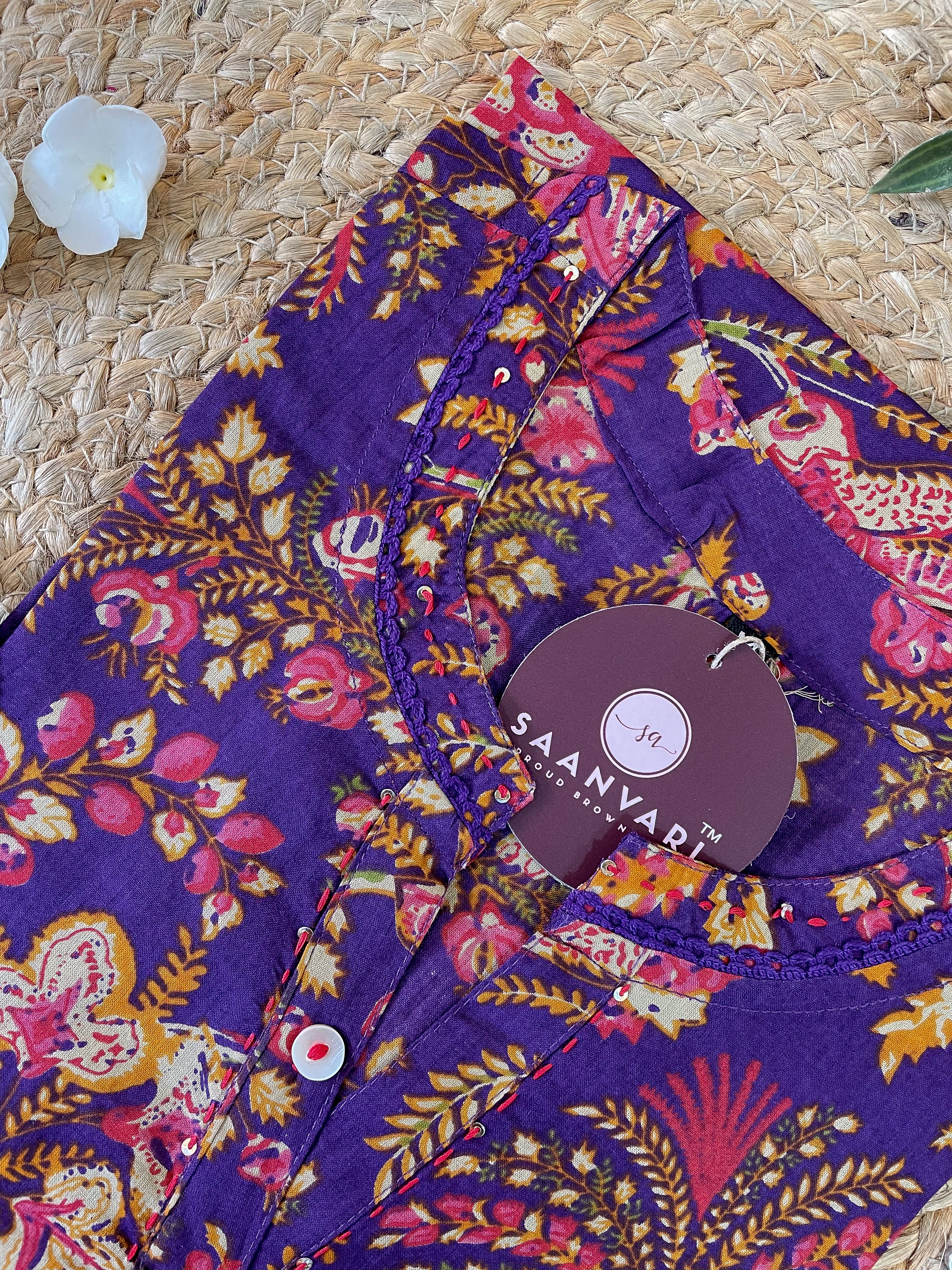Purple Floral Print Cotton Straight Kurta - Jaipur Collection