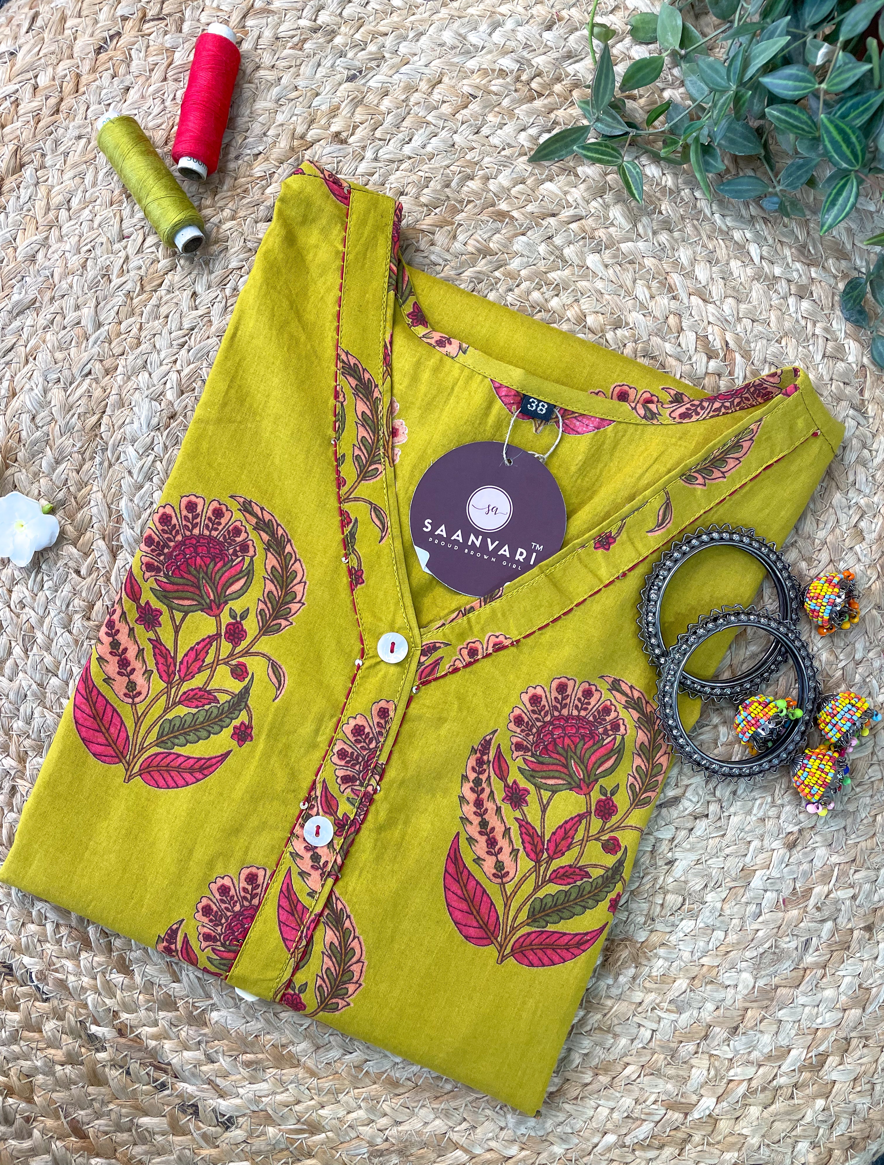 Mustard Floral Print Cotton Straight Kurta – Jaipur Collection