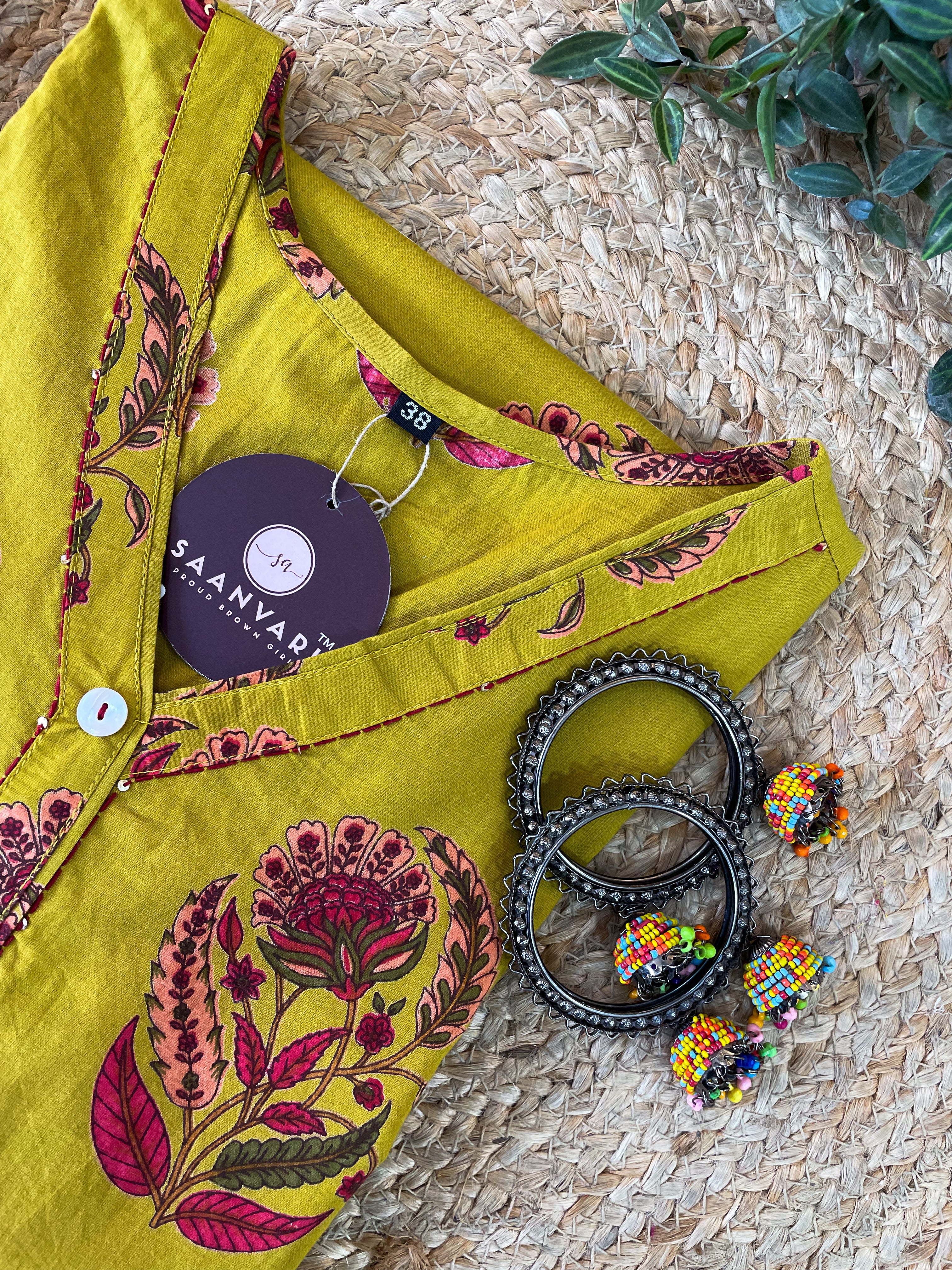 Mustard Floral Print Cotton Straight Kurta – Jaipur Collection