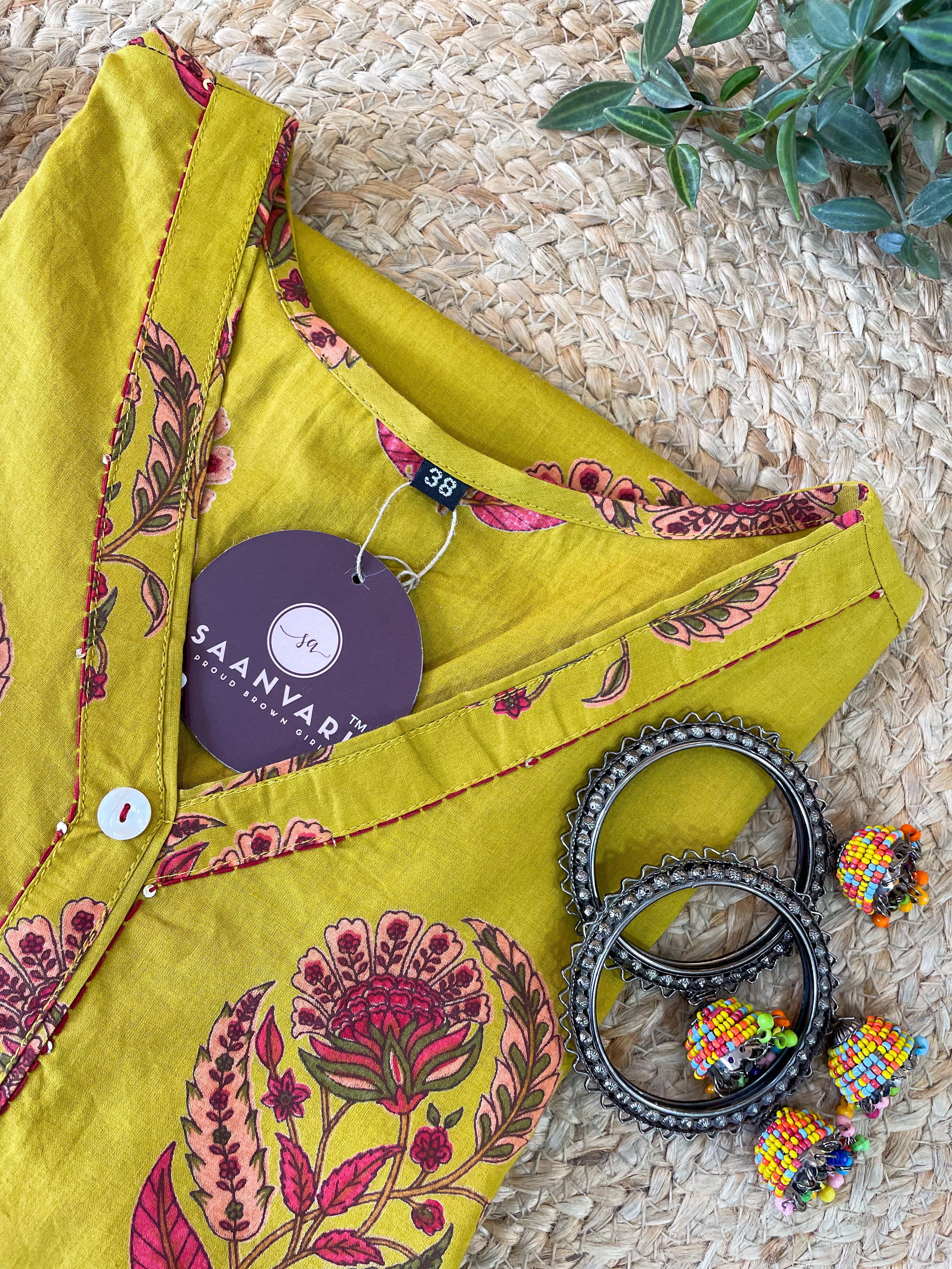 Mustard Floral Print Cotton Straight Kurta – Jaipur Collection