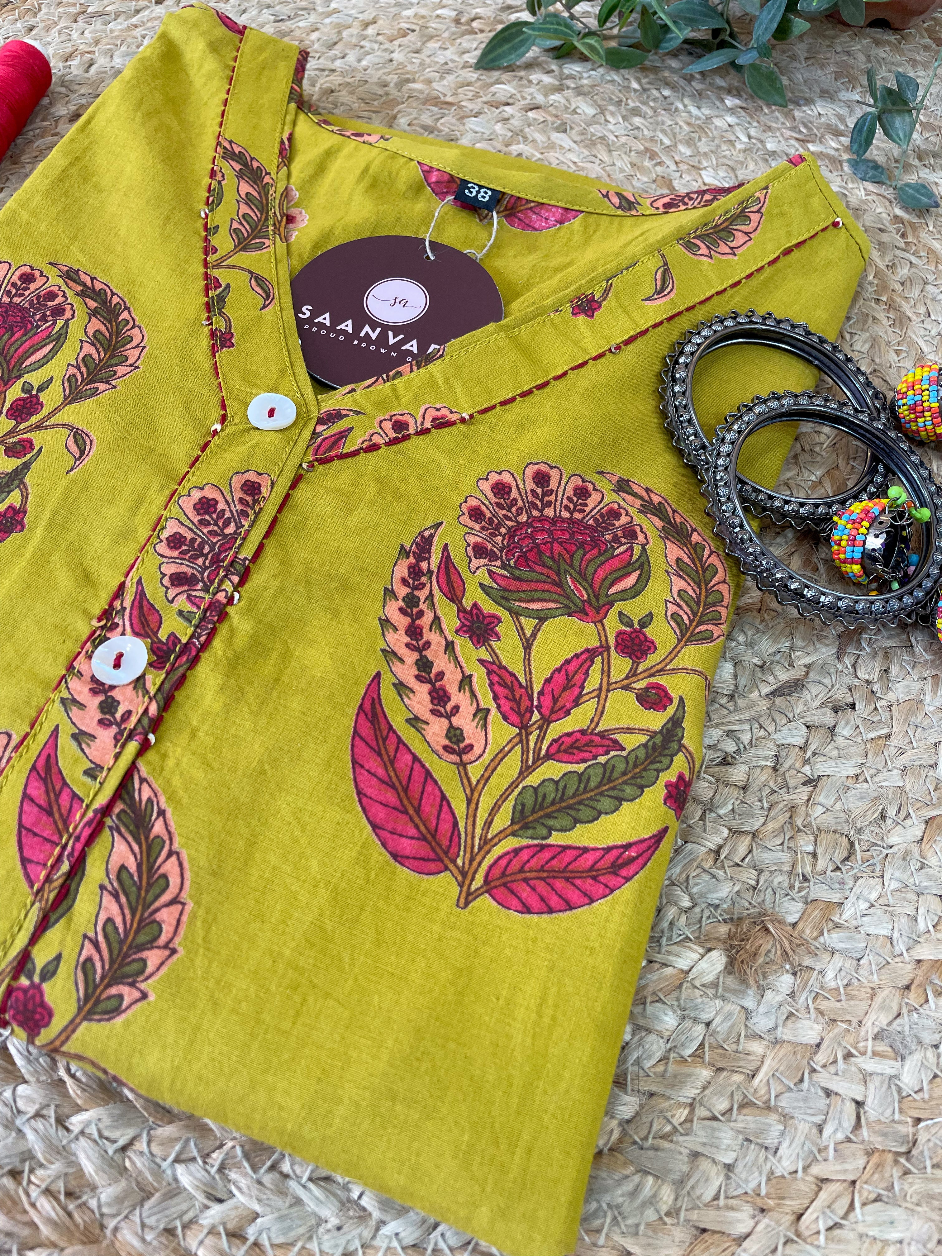 Mustard Floral Print Cotton Straight Kurta – Jaipur Collection