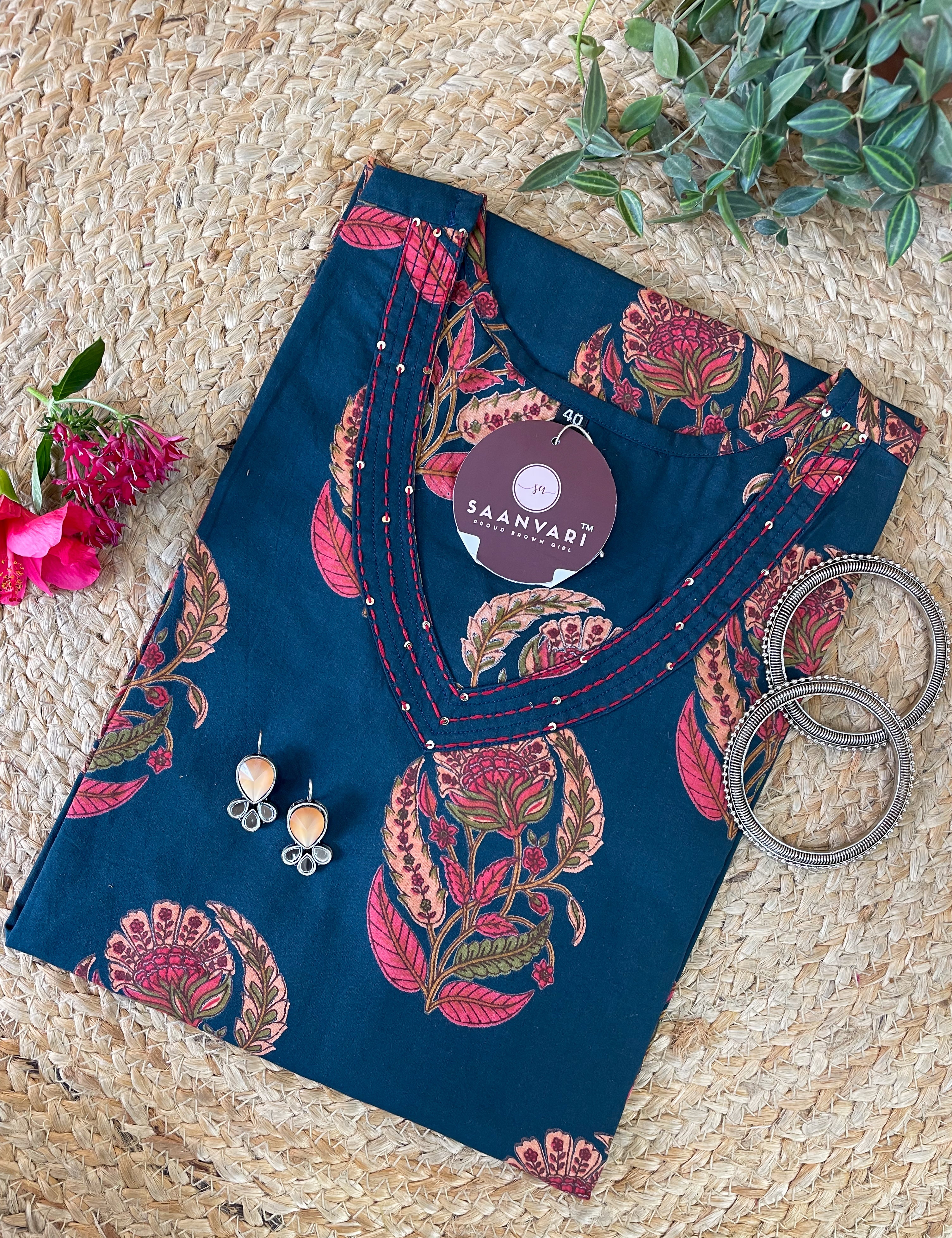Floral Print Cotton Straight Kurta From Jaipur