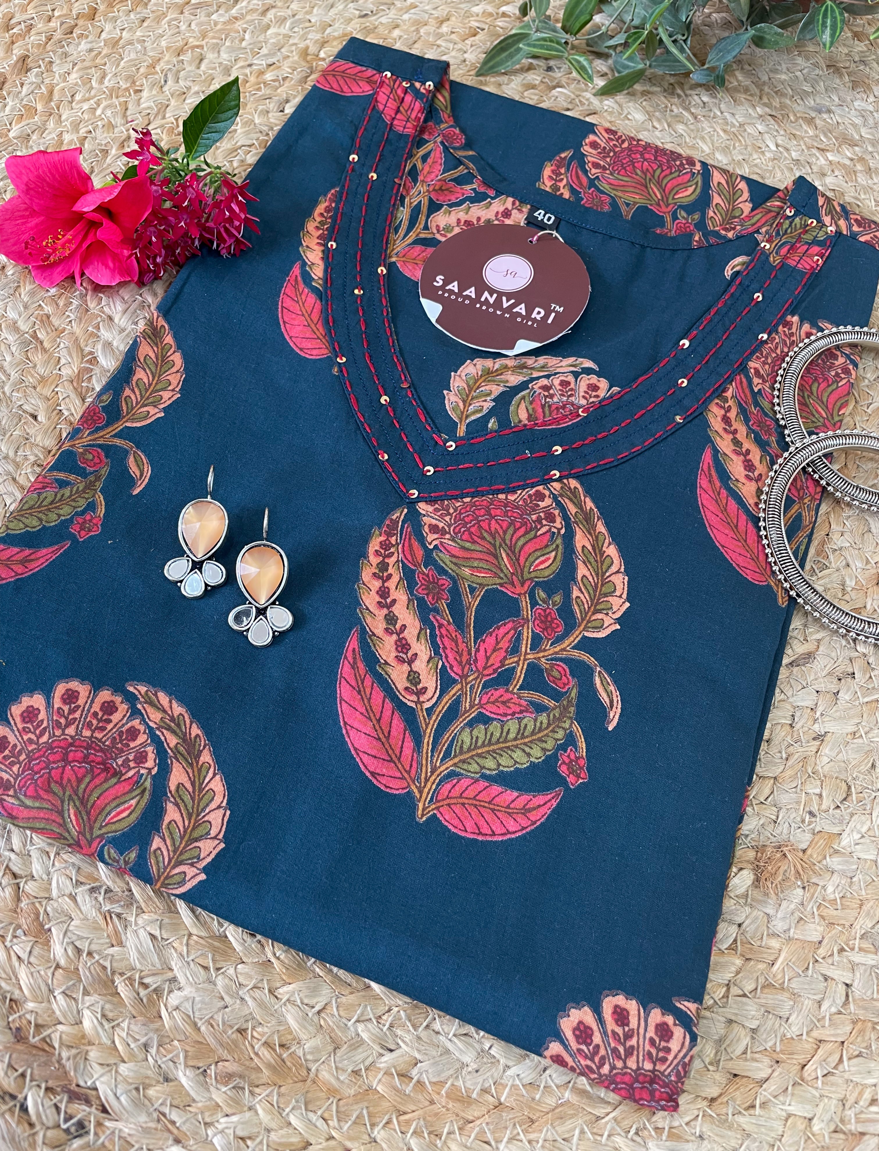 Floral Print Cotton Straight Kurta From Jaipur