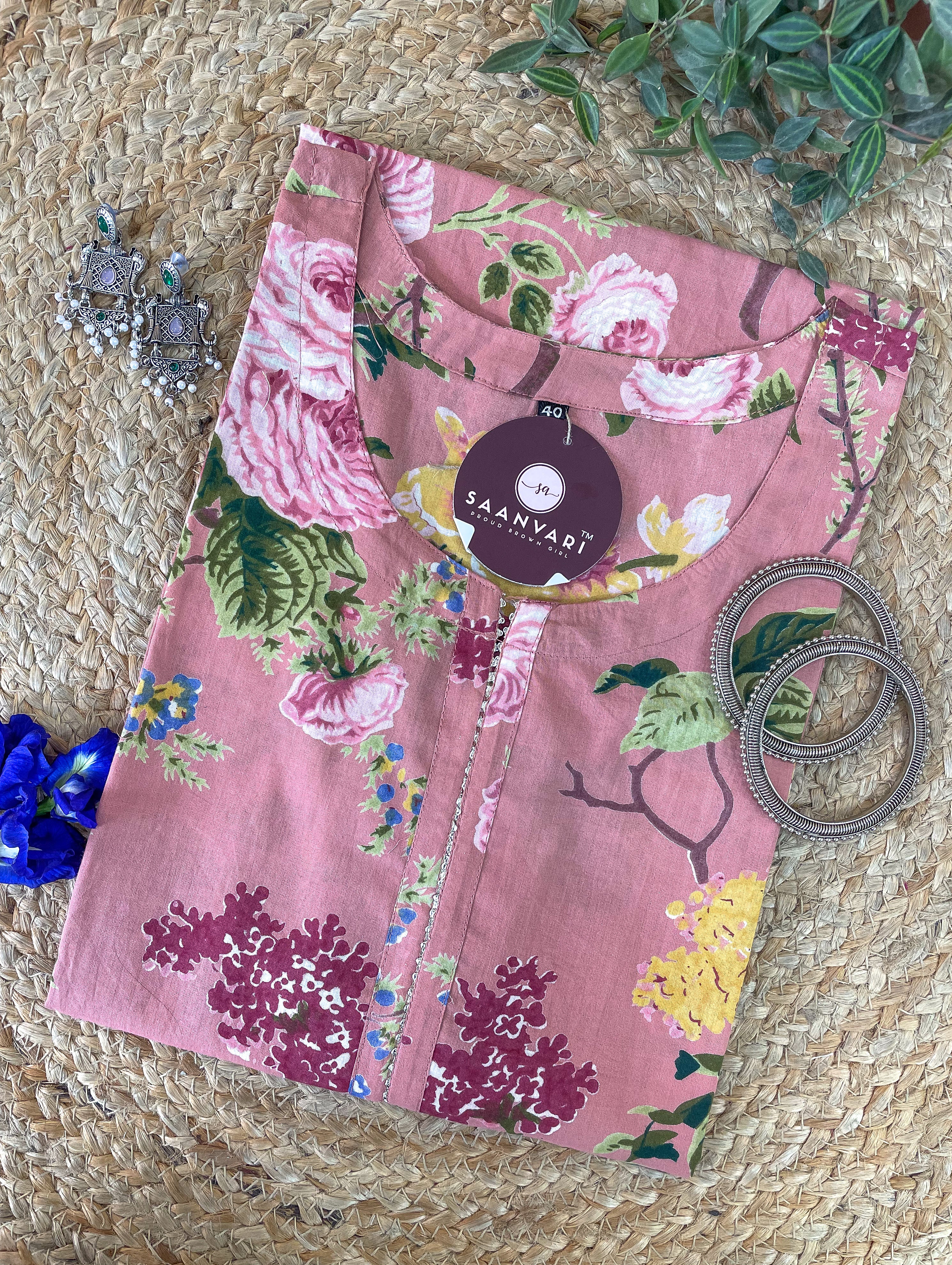 Rose Blush Floral Print Cotton Straight Kurta