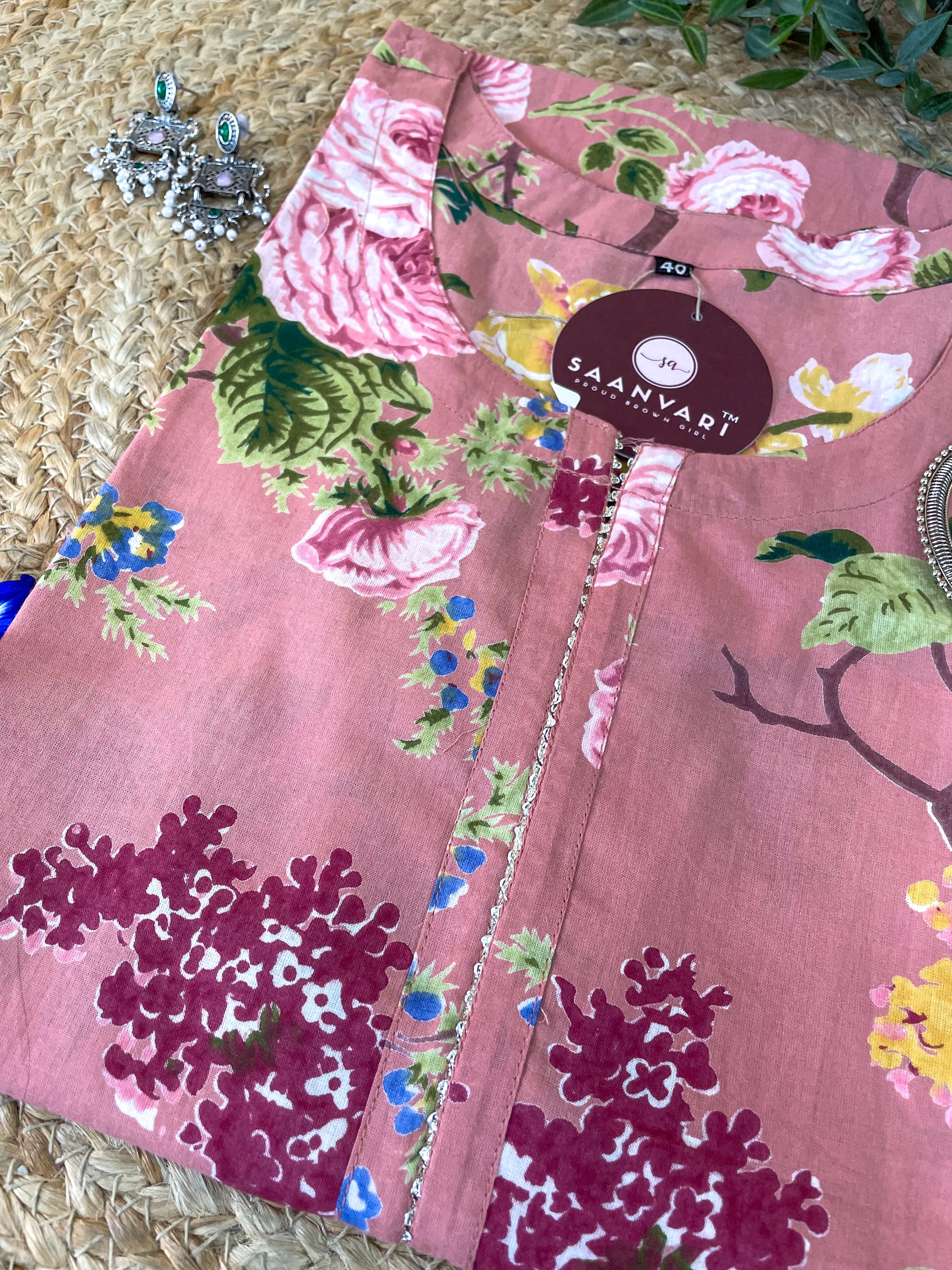 Rose Blush Floral Print Cotton Straight Kurta