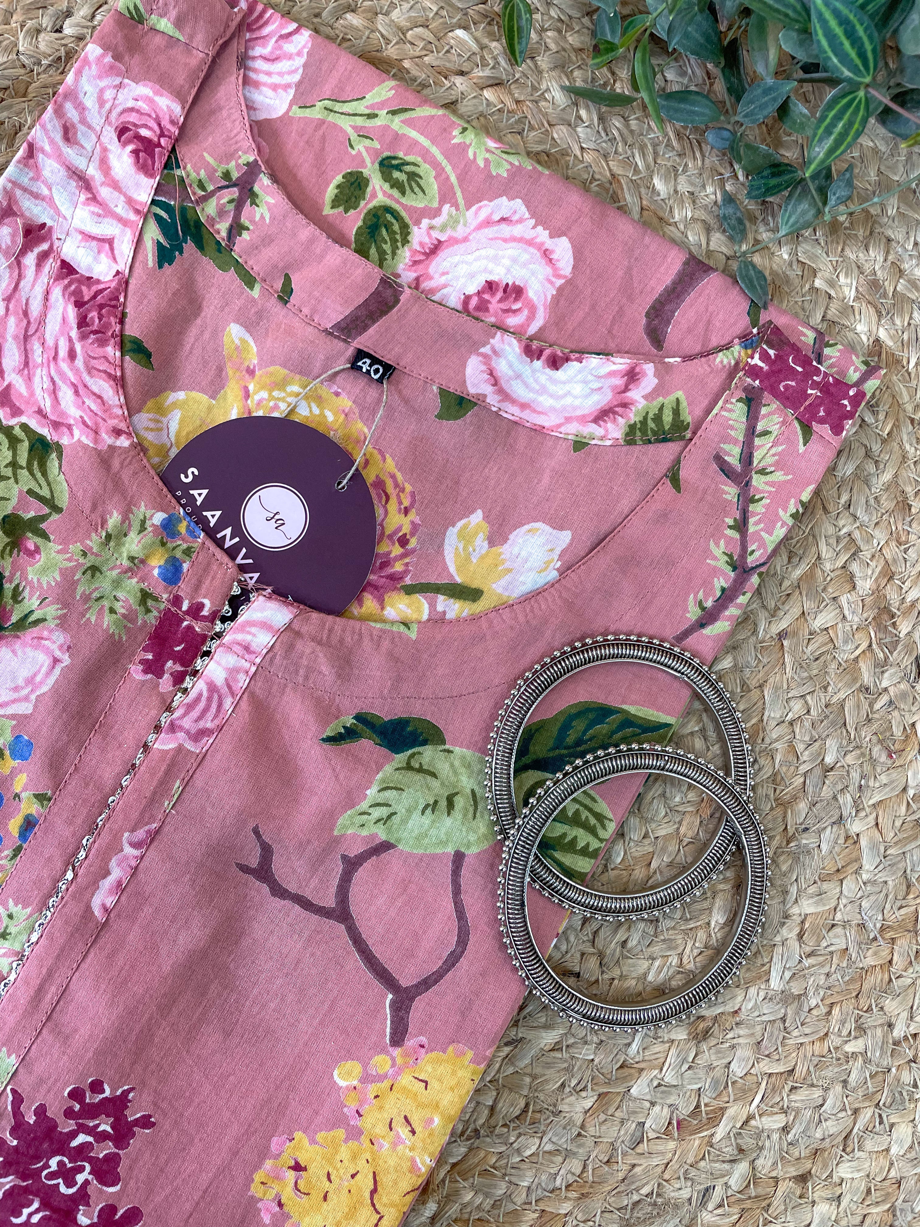 Rose Blush Floral Print Cotton Straight Kurta